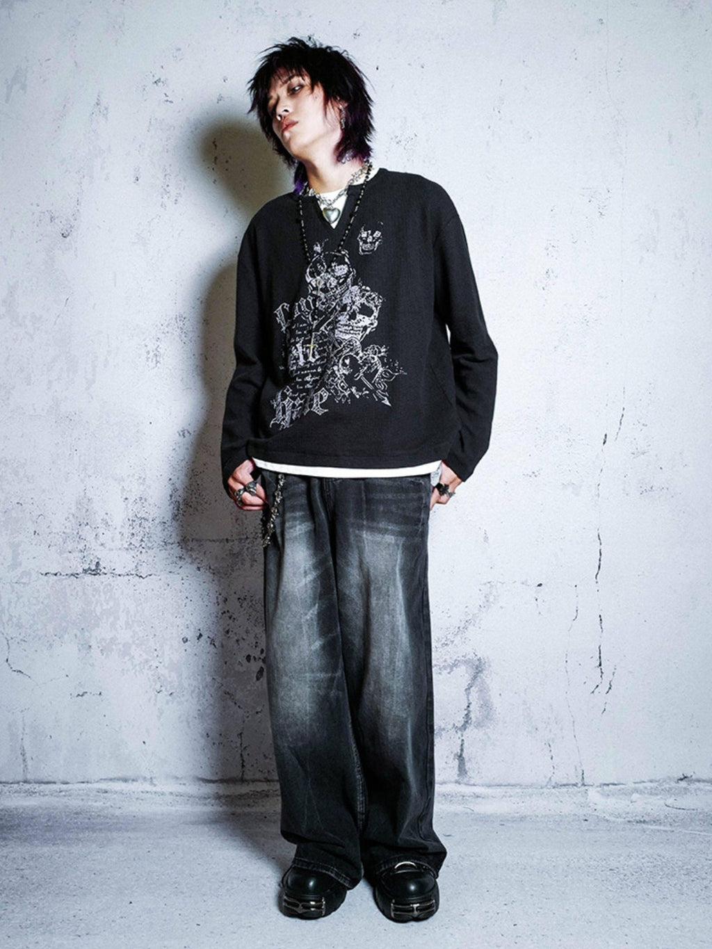 RebelSeed Waffle Knit Punk Print Navy Collar Women's Cotton Long Sleeve T-shirts