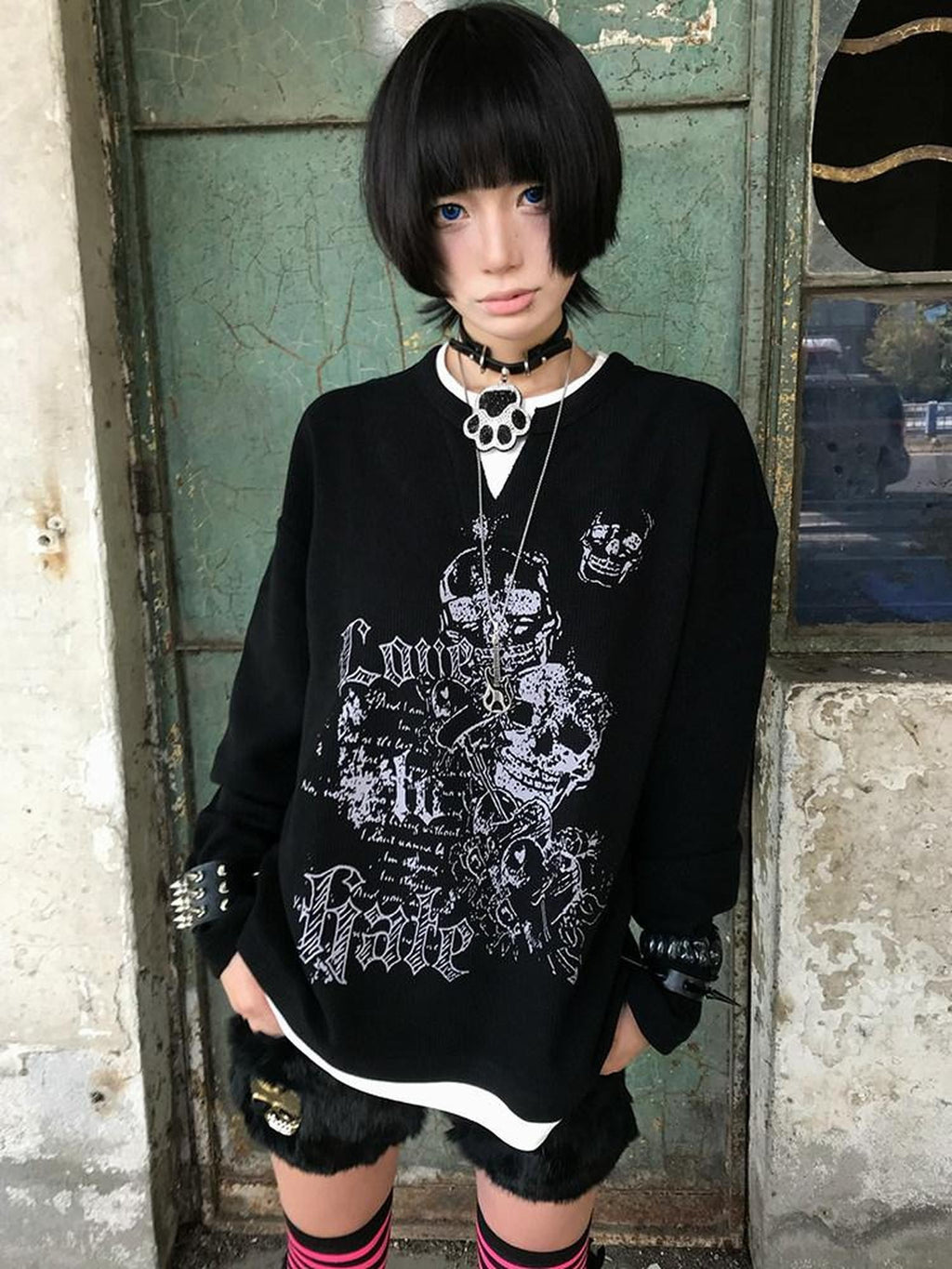 RebelSeed Waffle Knit Punk Print Navy Collar Women's Cotton Long Sleeve T-shirts