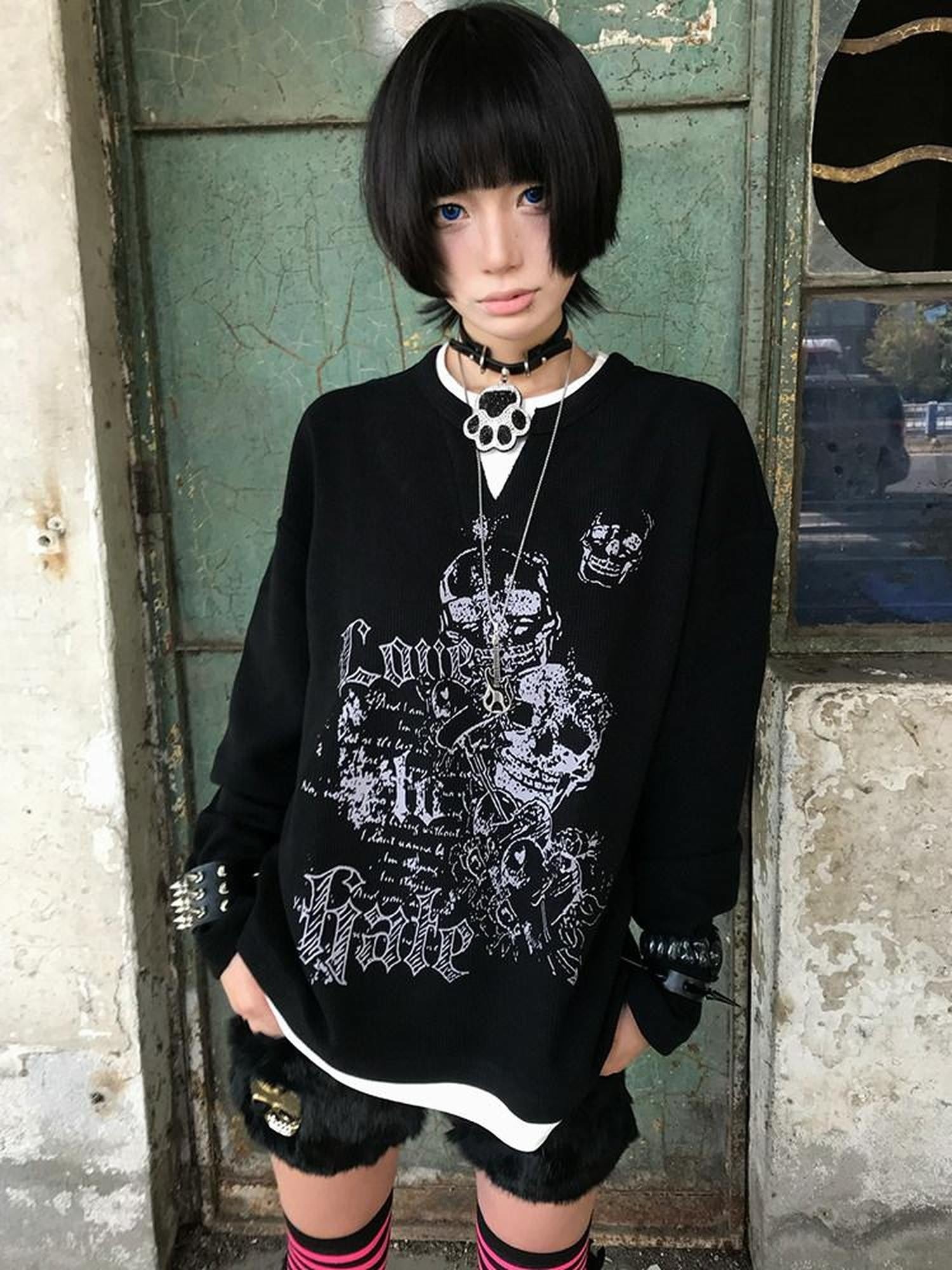 RebelSeed Waffle Knit Punk Print Navy Collar Women's Cotton Long Sleeve T-shirts