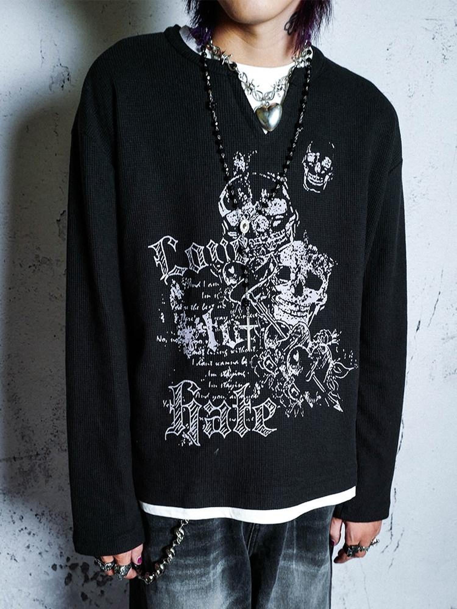 RebelSeed Waffle Knit Punk Print Navy Collar Women's Cotton Long Sleeve T-shirts