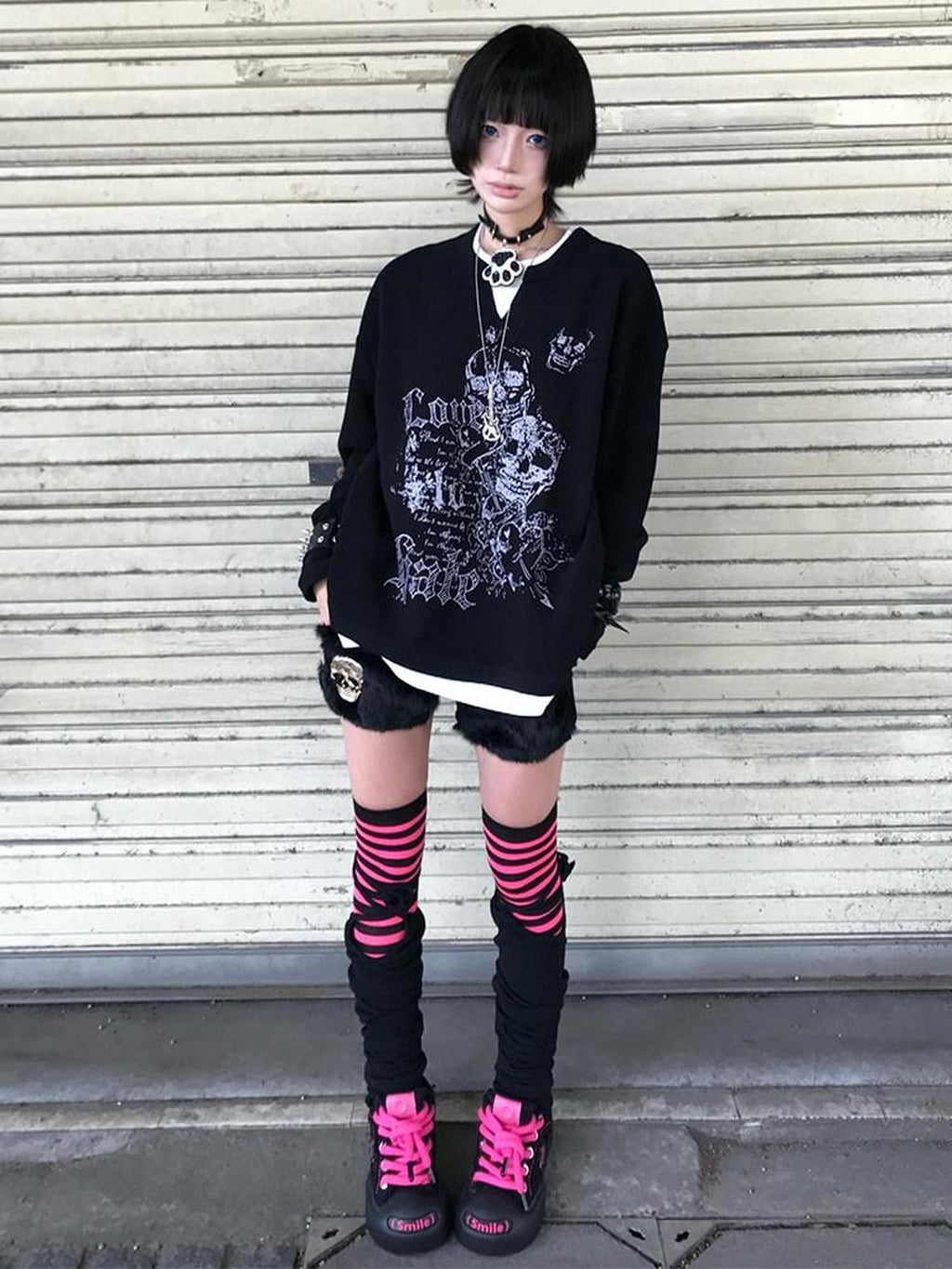 RebelSeed Waffle Knit Punk Print Navy Collar Women's Cotton Long Sleeve T-shirts