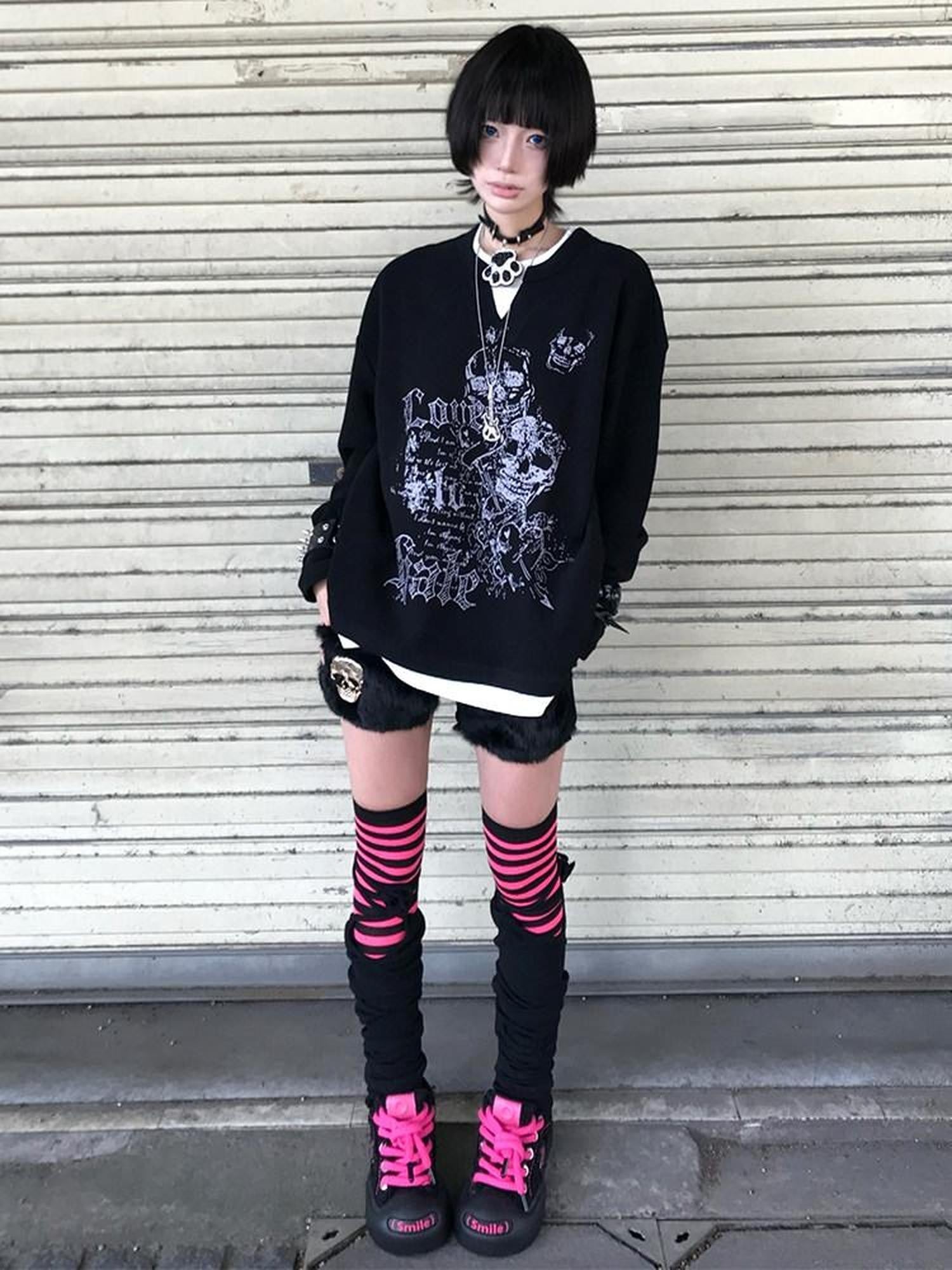 RebelSeed Waffle Knit Punk Print Navy Collar Women's Cotton Long Sleeve T-shirts
