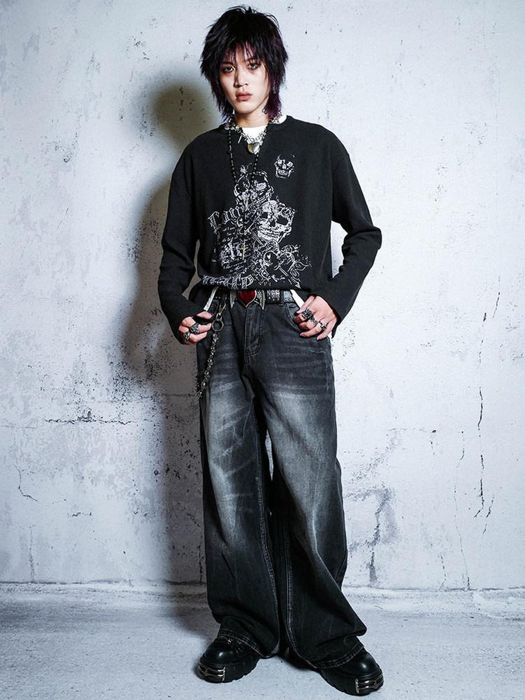RebelSeed Waffle Knit Punk Print Navy Collar Women's Cotton Long Sleeve T-shirts