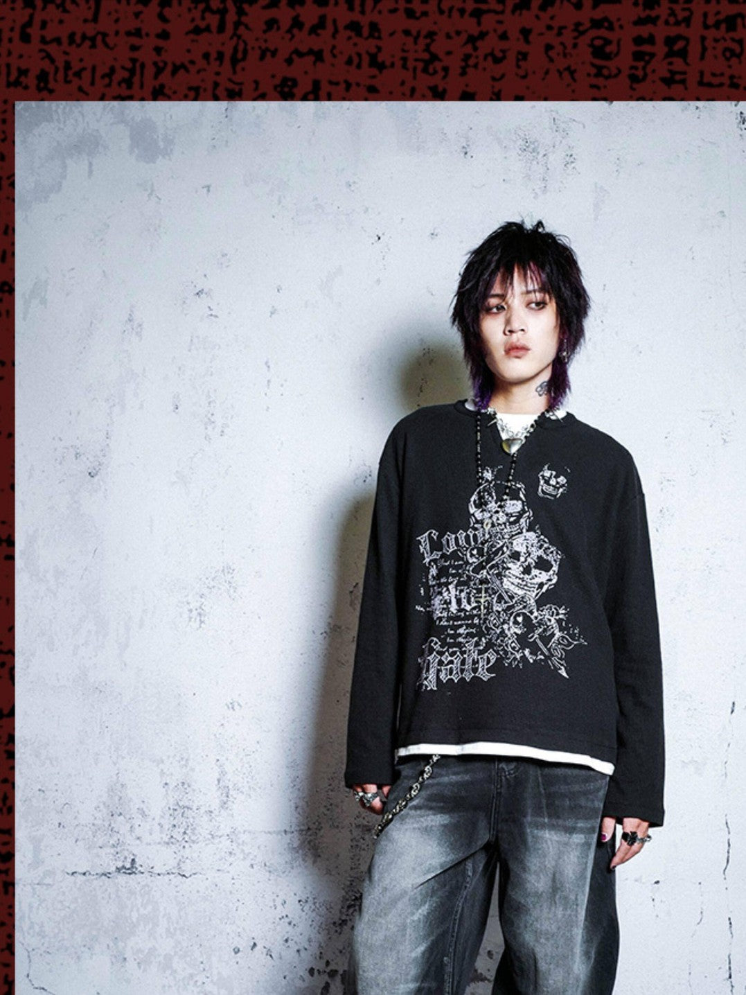 RebelSeed Waffle Knit Punk Print Navy Collar Women's Cotton Long Sleeve T-shirts