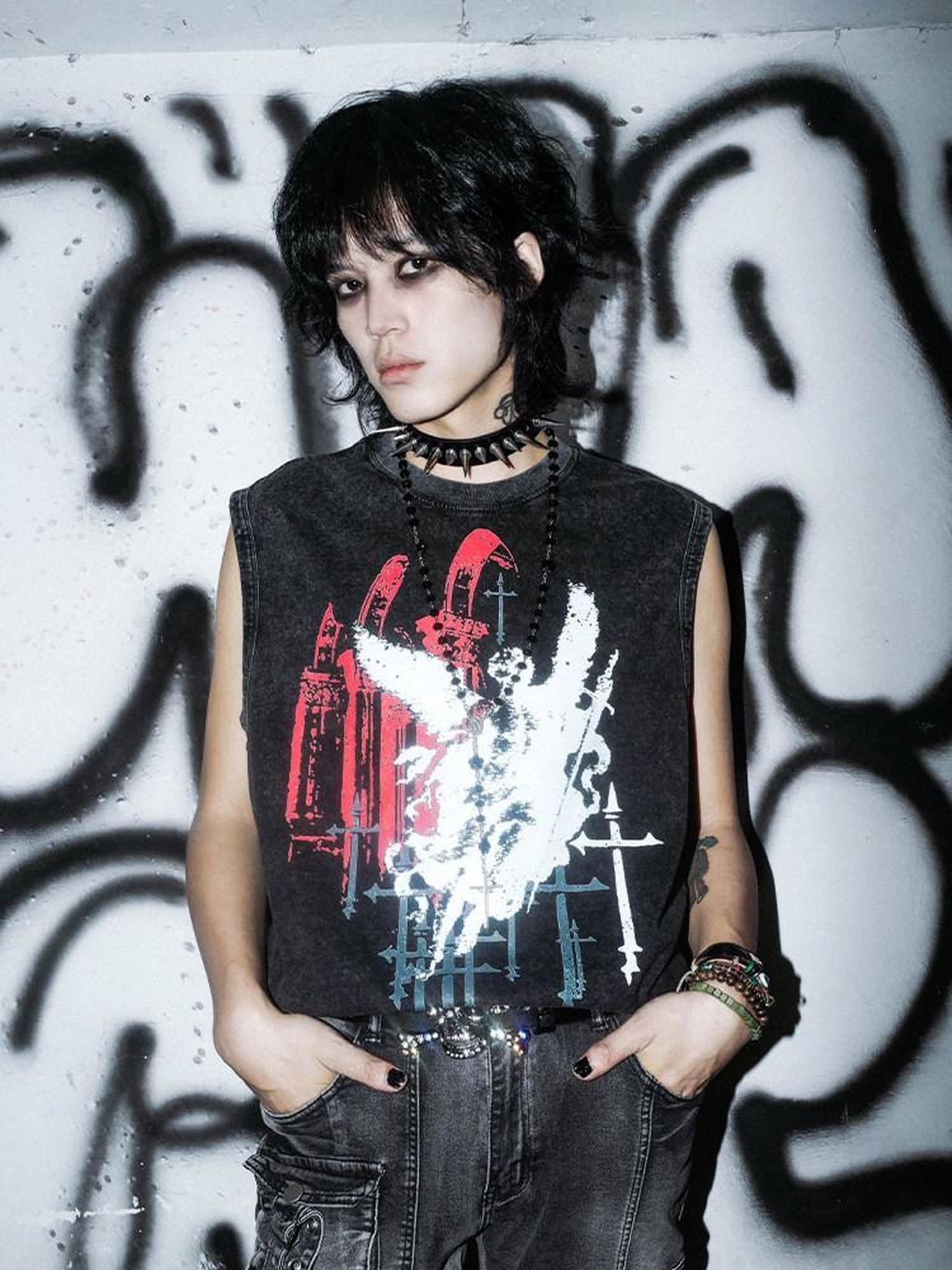 RebelSeed Washed Black Angel Graphic Gothic Print Women's Cotton H Silhouette Tank Tops