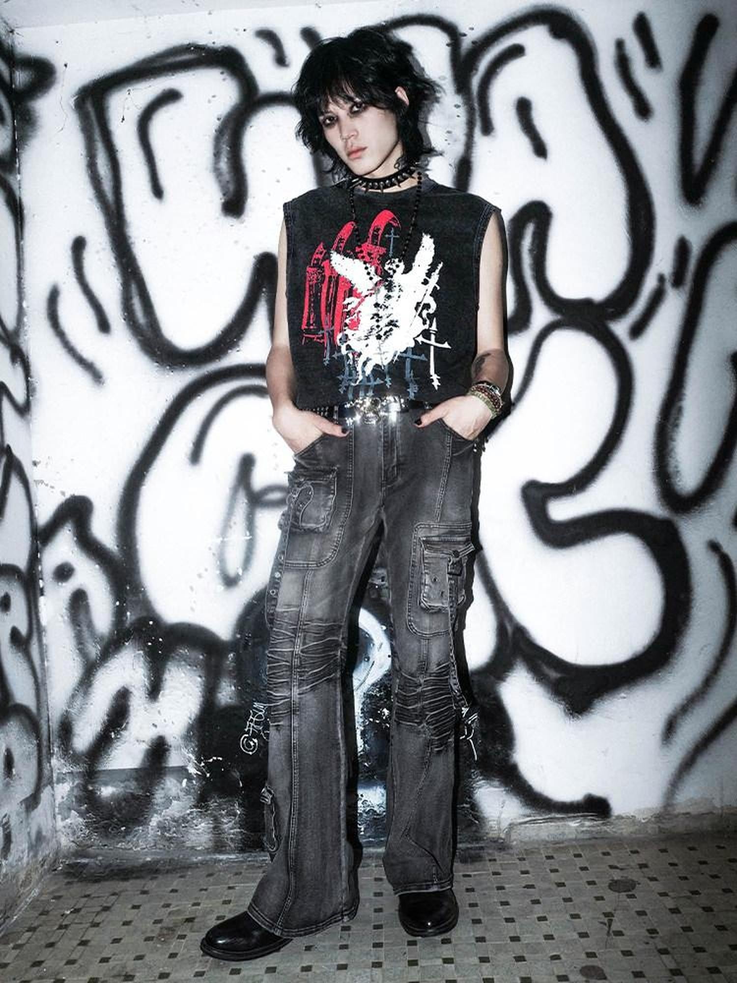 RebelSeed Washed Black Angel Graphic Gothic Print Women's Cotton H Silhouette Tank Tops