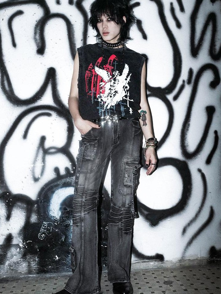 RebelSeed Washed Black Angel Graphic Gothic Print Women's Cotton H Silhouette Tank Tops