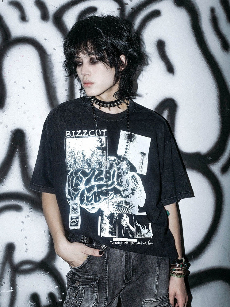 RebelSeed_Washed_Black_Brain_Print_Heat_Transfer_Dark_Women's_Cotton_Short_Sleeve_T-shirts_1039263726387_MISSTT