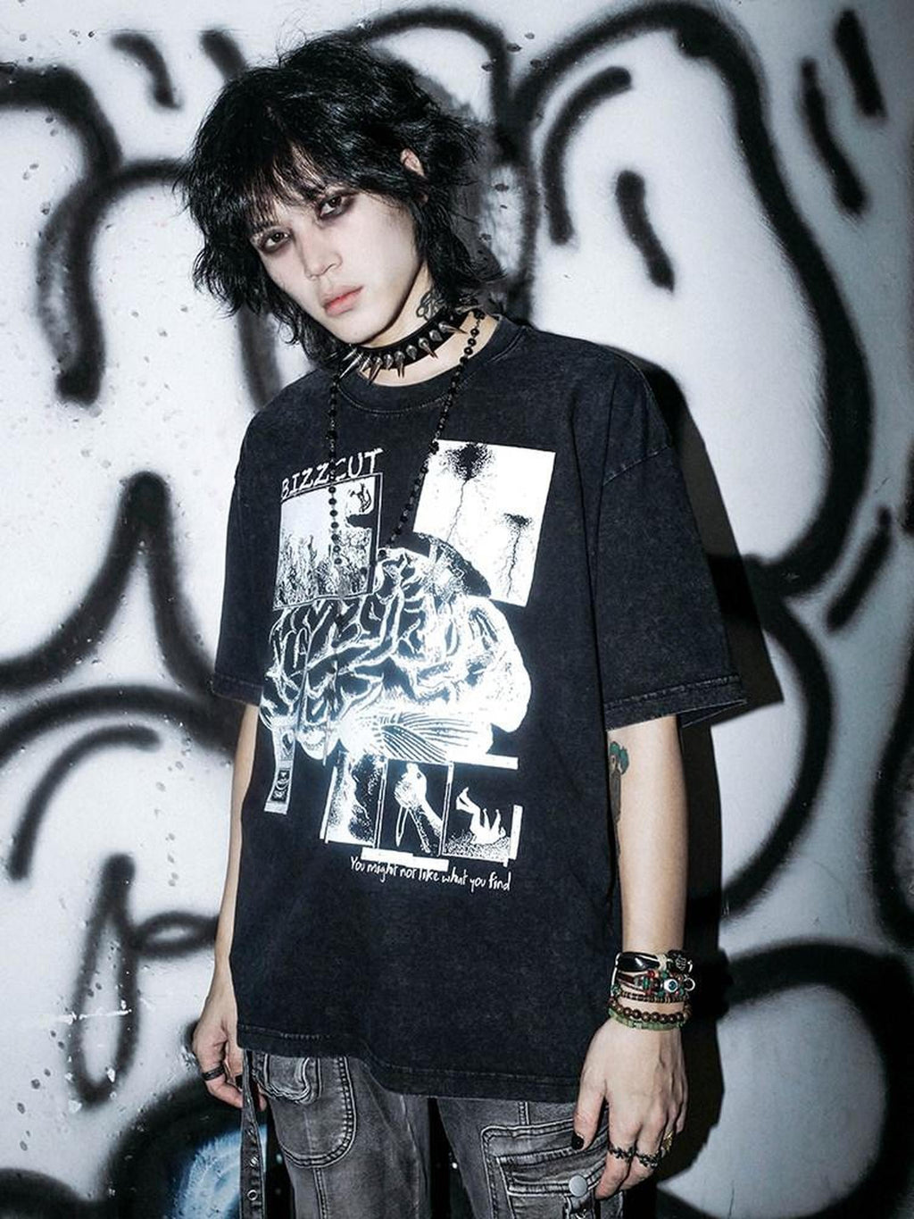 RebelSeed Washed Black Brain Print Heat Transfer Dark Women's Cotton Short Sleeve T-shirts