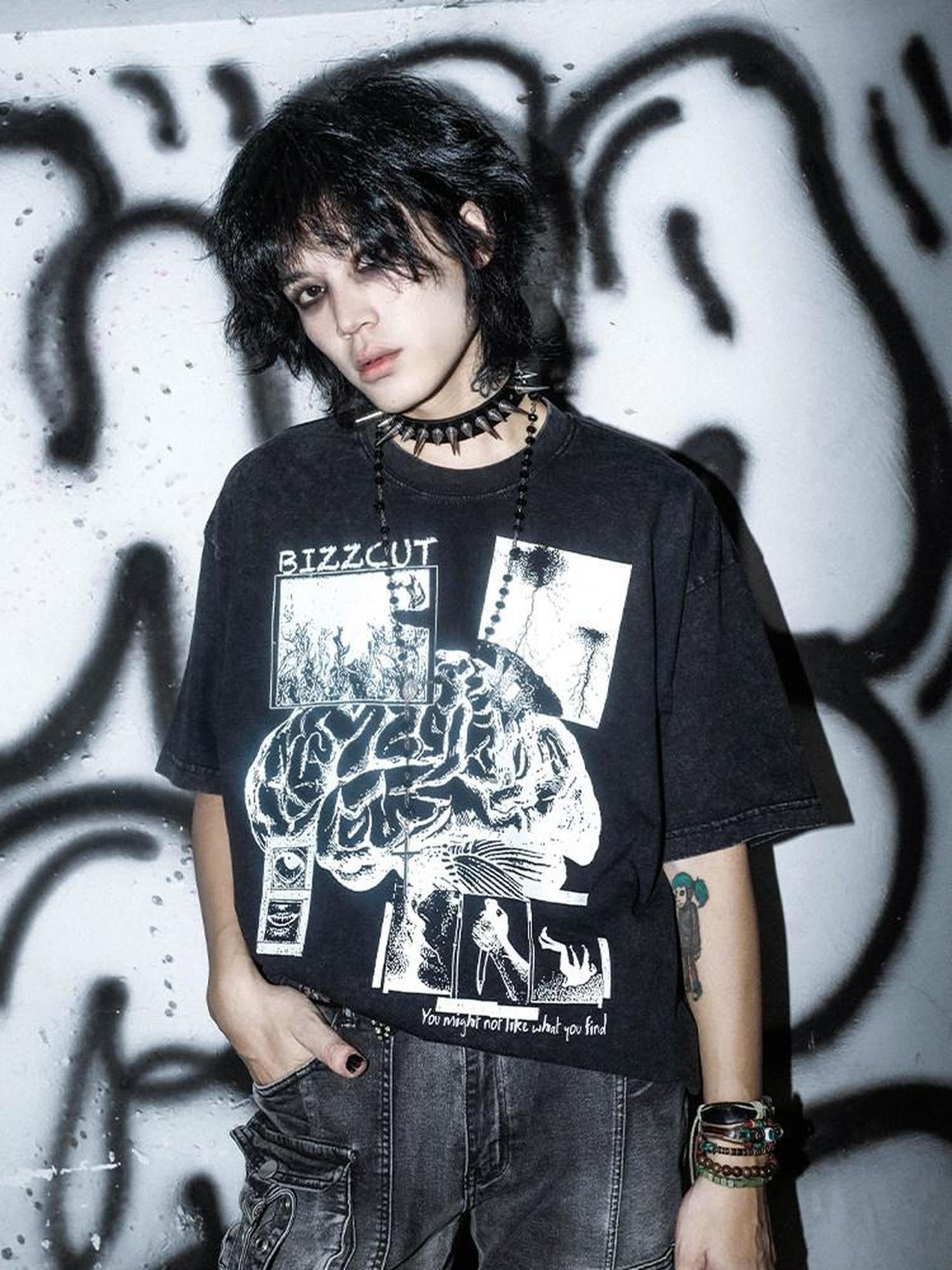 RebelSeed Washed Black Brain Print Heat Transfer Dark Women's Cotton Short Sleeve T-shirts