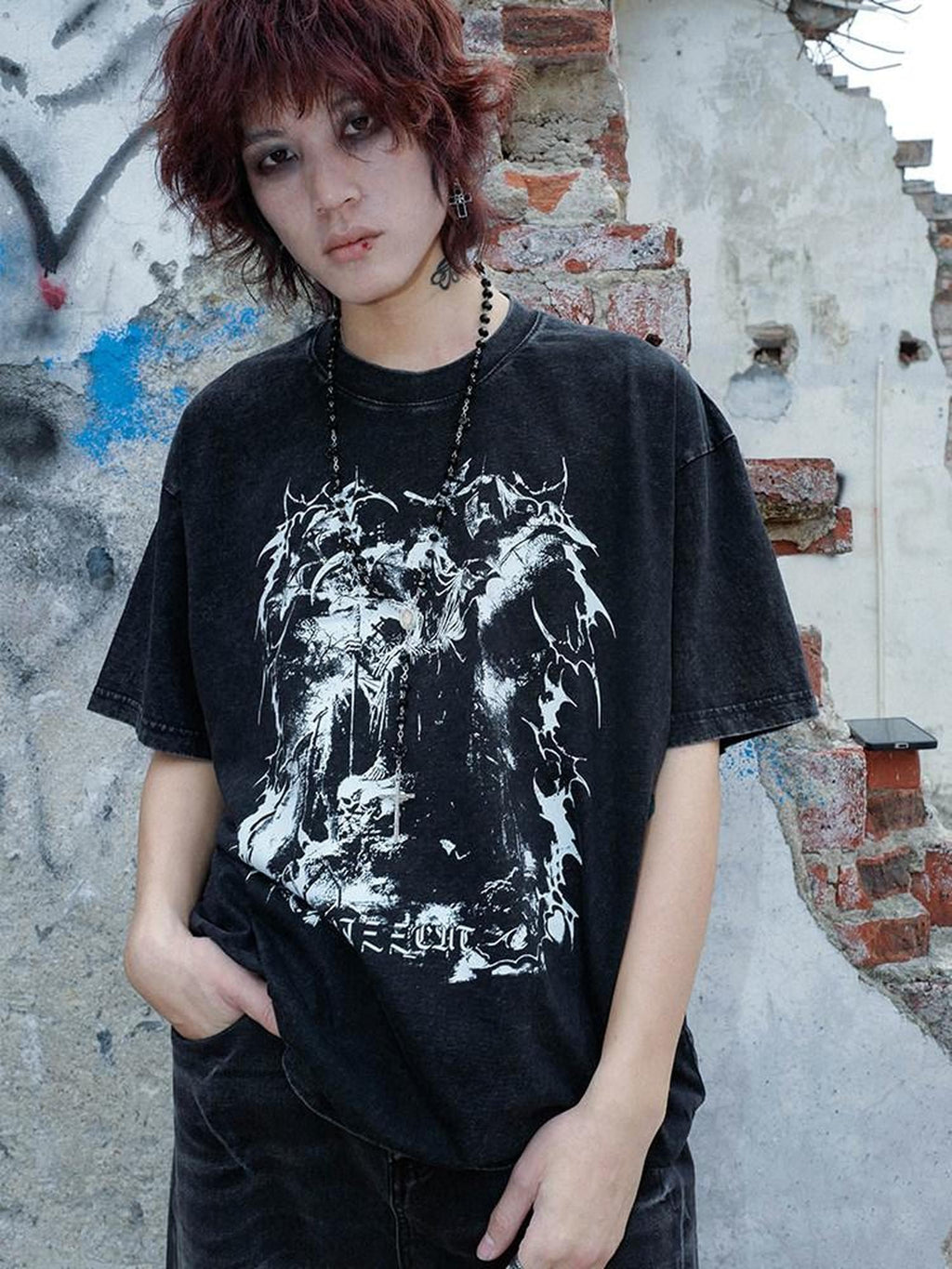 RebelSeed Washed Black Dark Graphic Heat Transfer Women's Cotton Short Sleeve T-shirts