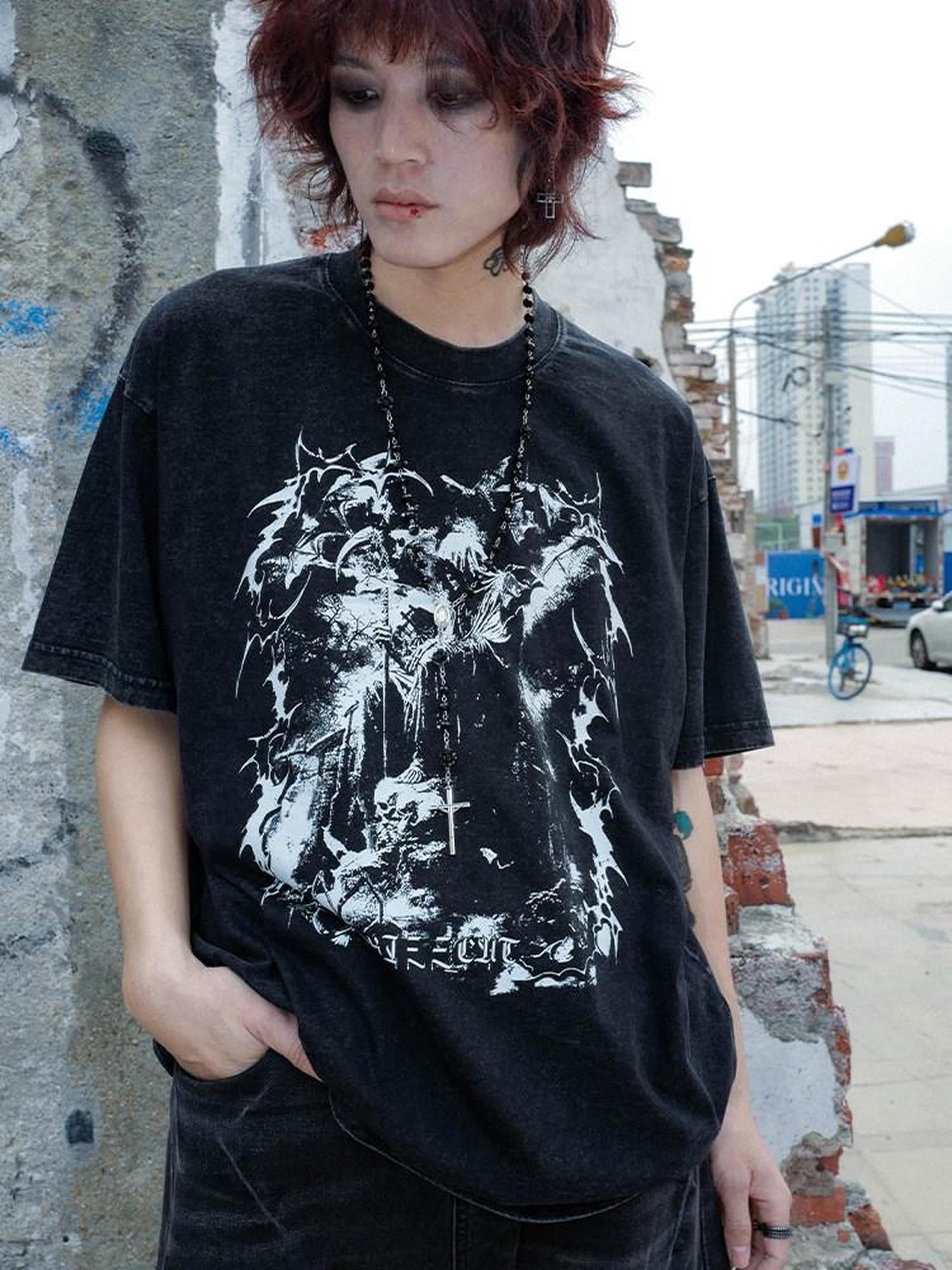 RebelSeed Washed Black Dark Graphic Heat Transfer Women's Cotton Short Sleeve T-shirts