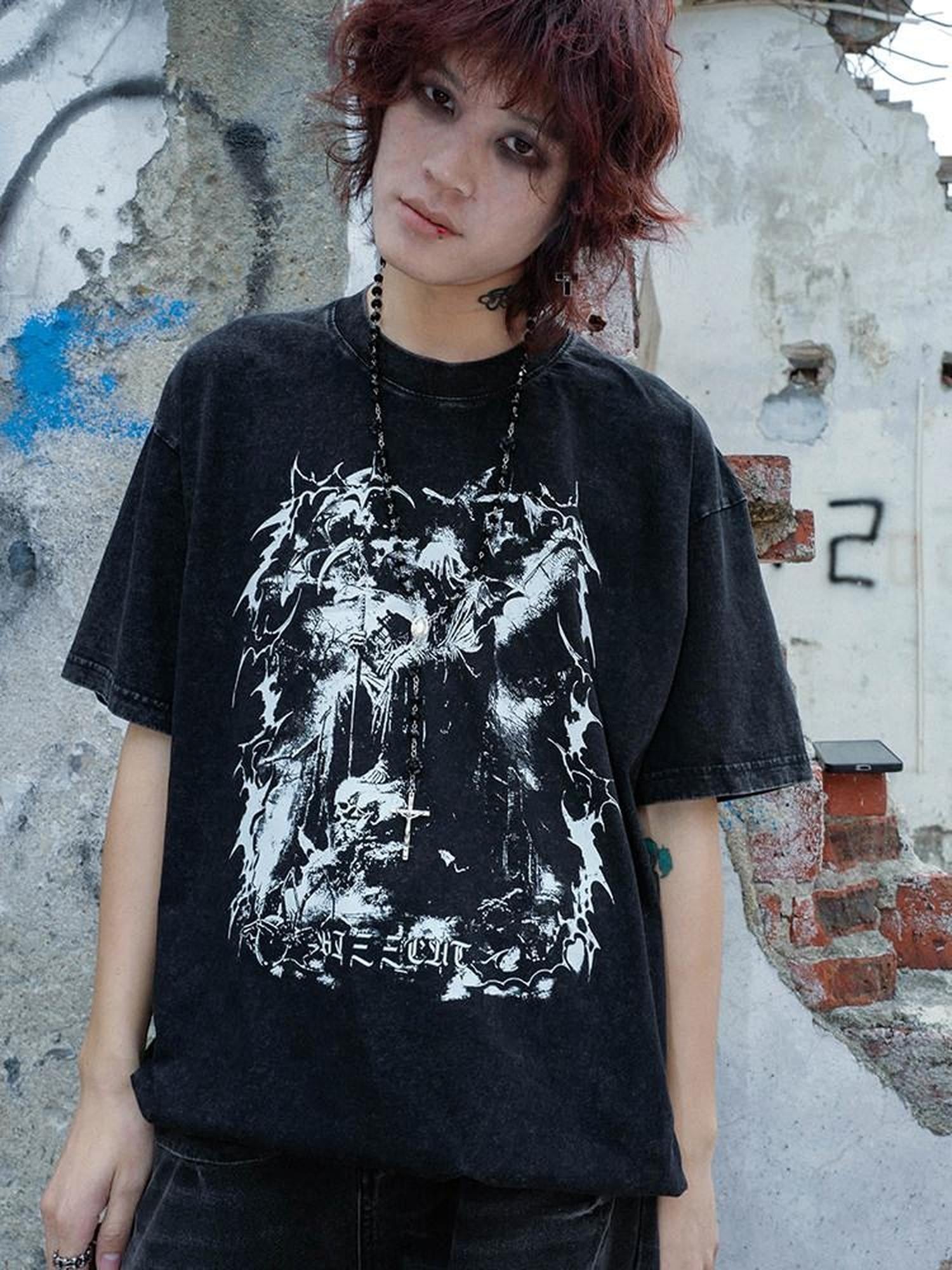 RebelSeed Washed Black Dark Graphic Heat Transfer Women's Cotton Short Sleeve T-shirts