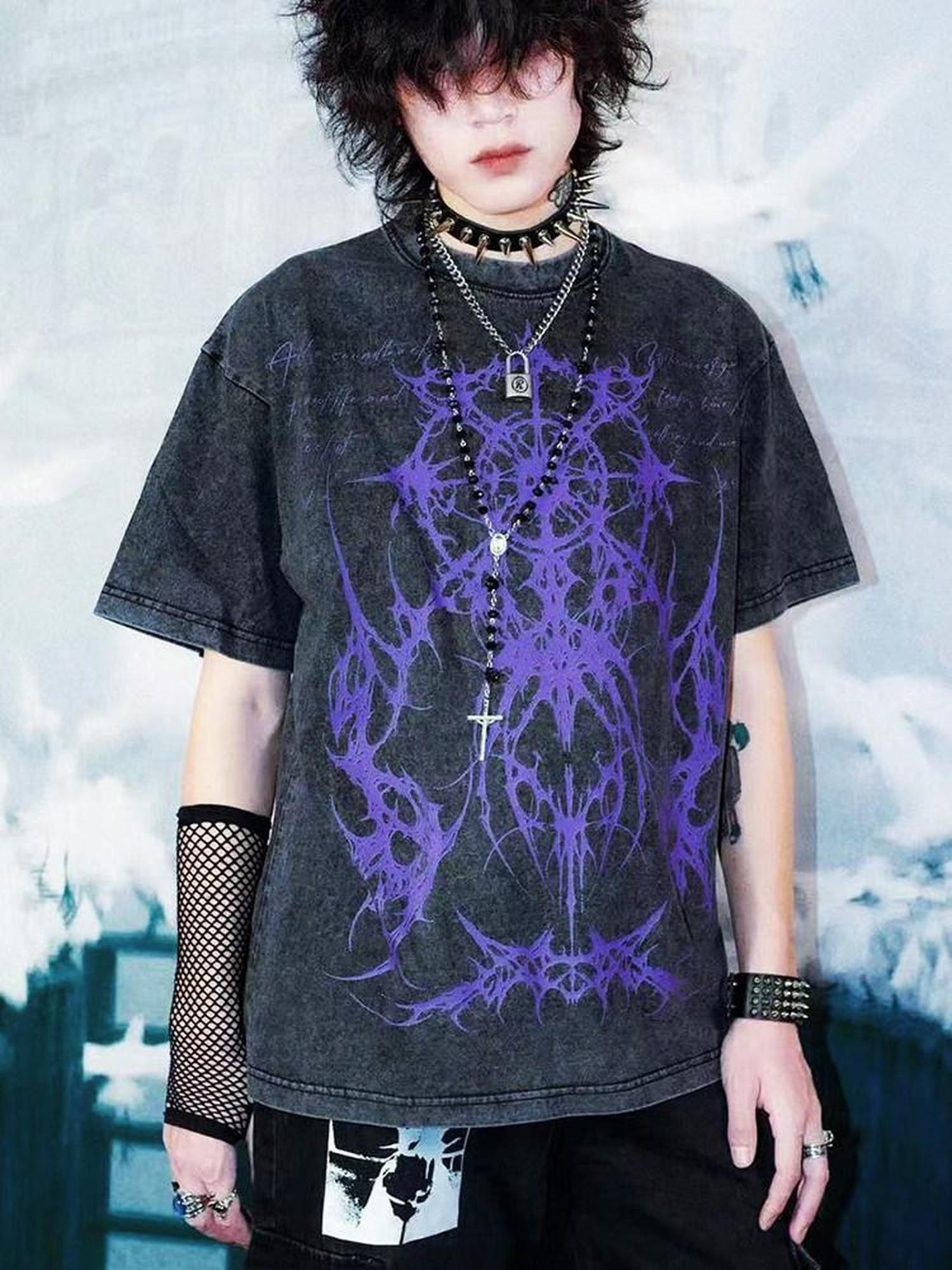 RebelSeed Washed Black Dark Totem Abstract Loose Women's Cotton Short Sleeve T-shirts