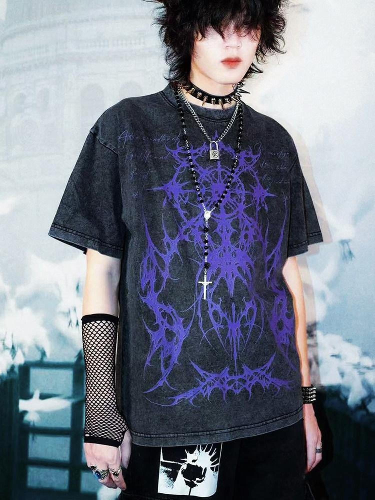 RebelSeed Washed Black Dark Totem Abstract Loose Women's Cotton Short Sleeve T-shirts