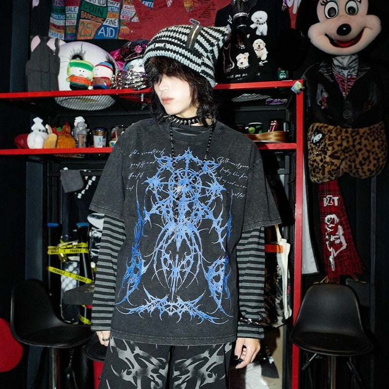 RebelSeed_Washed_Black_Dark_Totem_Heat_Press_Striped_Women's_Cotton_Long_Sleeve_T-shirts_957983092720_MISSTT