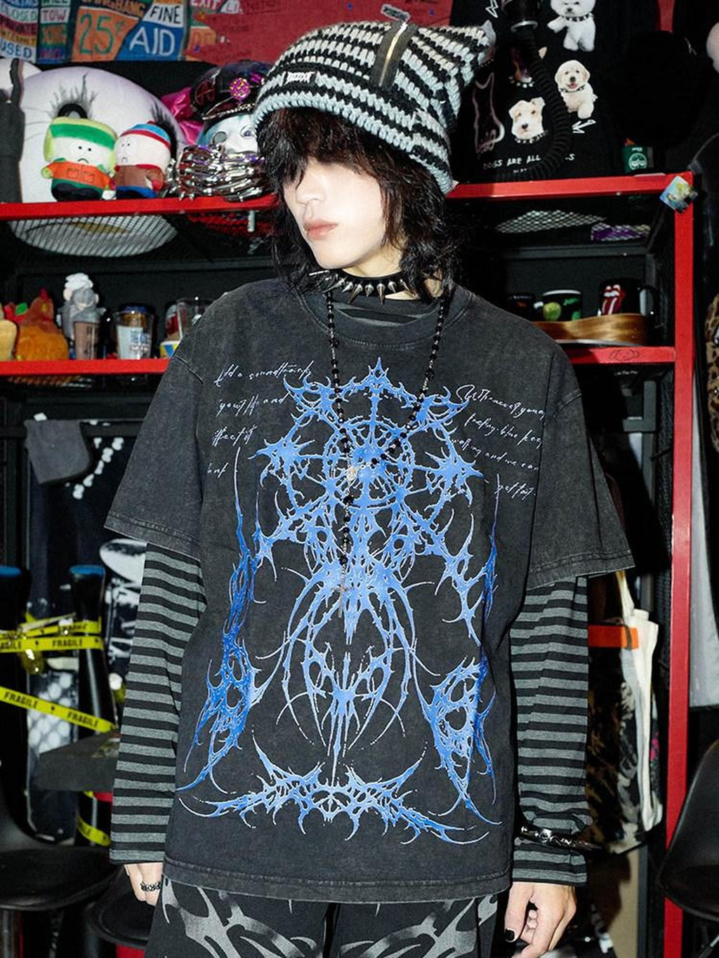 RebelSeed Washed Black Dark Totem Heat Press Striped Women's Cotton Long Sleeve T-shirts