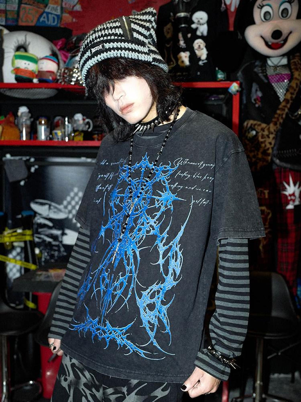 RebelSeed Washed Black Dark Totem Heat Press Striped Women's Cotton Long Sleeve T-shirts