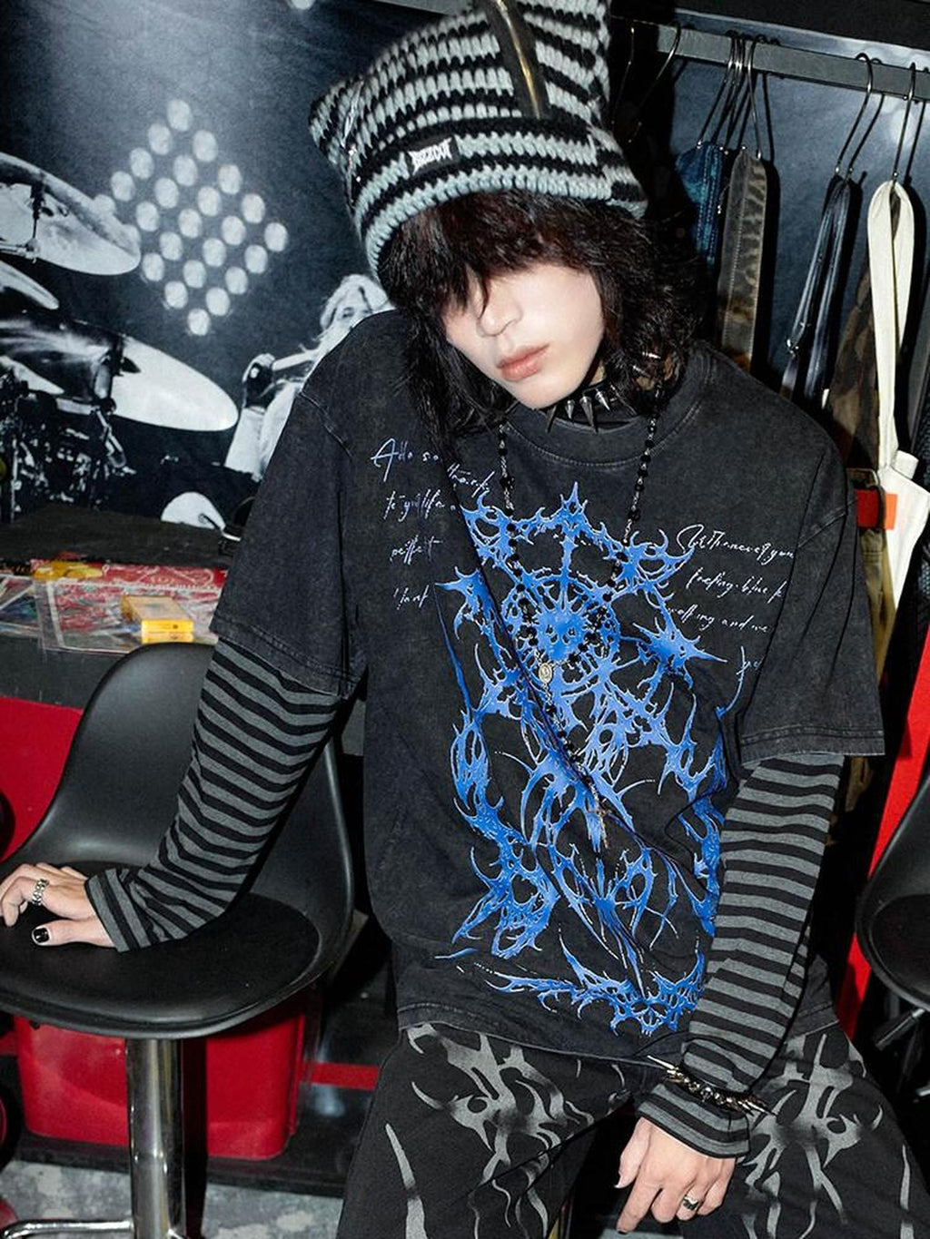RebelSeed Washed Black Dark Totem Heat Press Striped Women's Cotton Long Sleeve T-shirts
