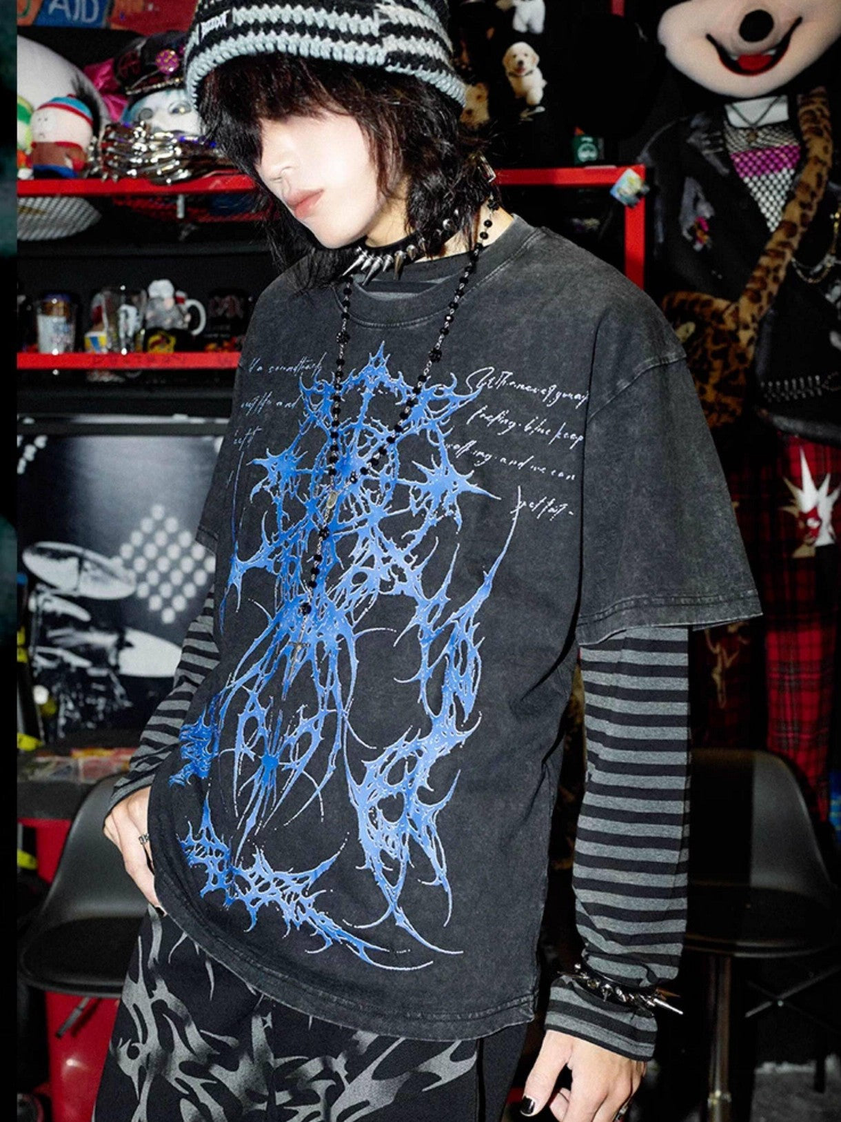 RebelSeed Washed Black Dark Totem Heat Press Striped Women's Cotton Long Sleeve T-shirts