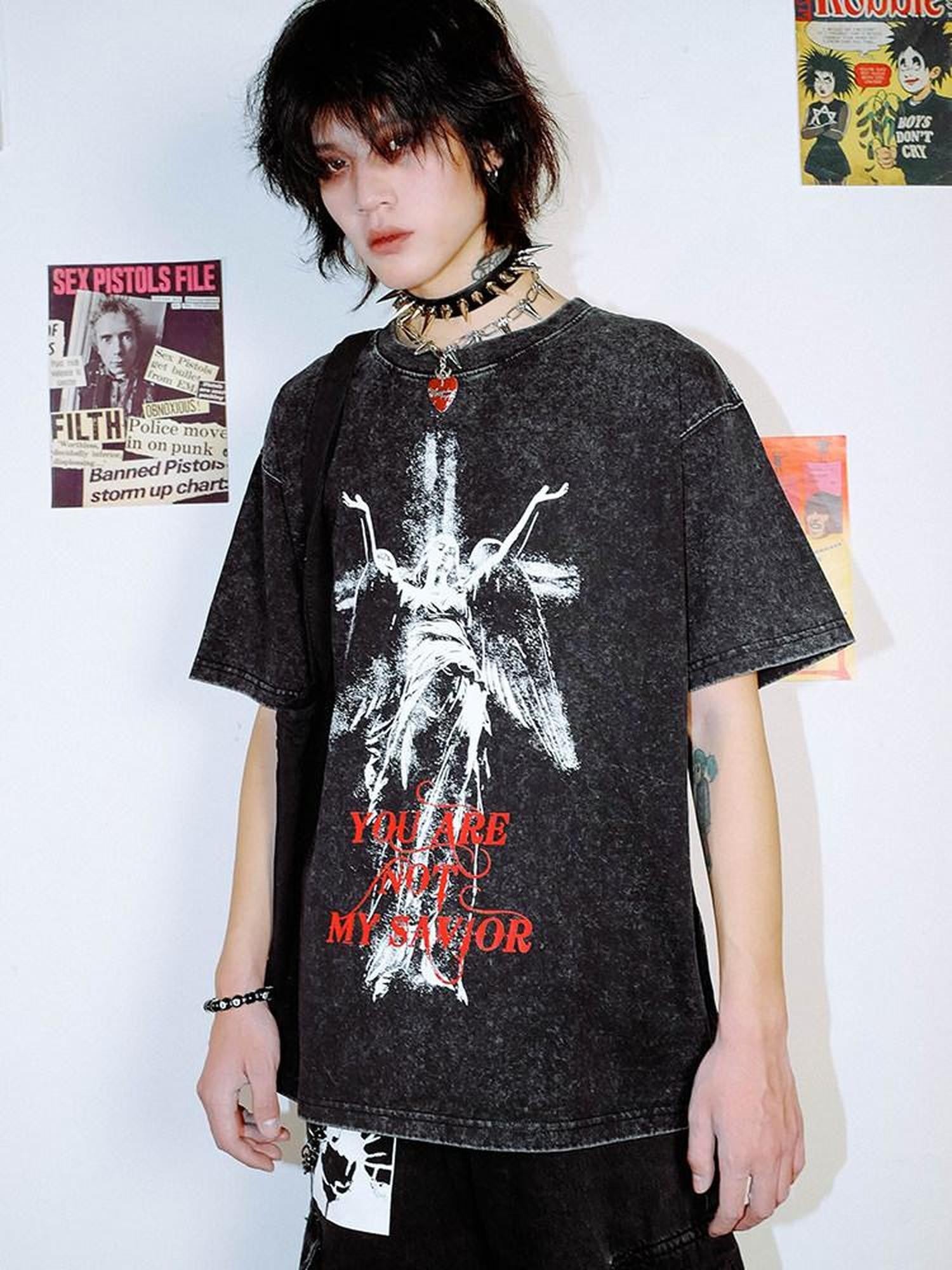 RebelSeed Washed Black Distressed Abstract Print Women's Cotton Short Sleeve T-shirts