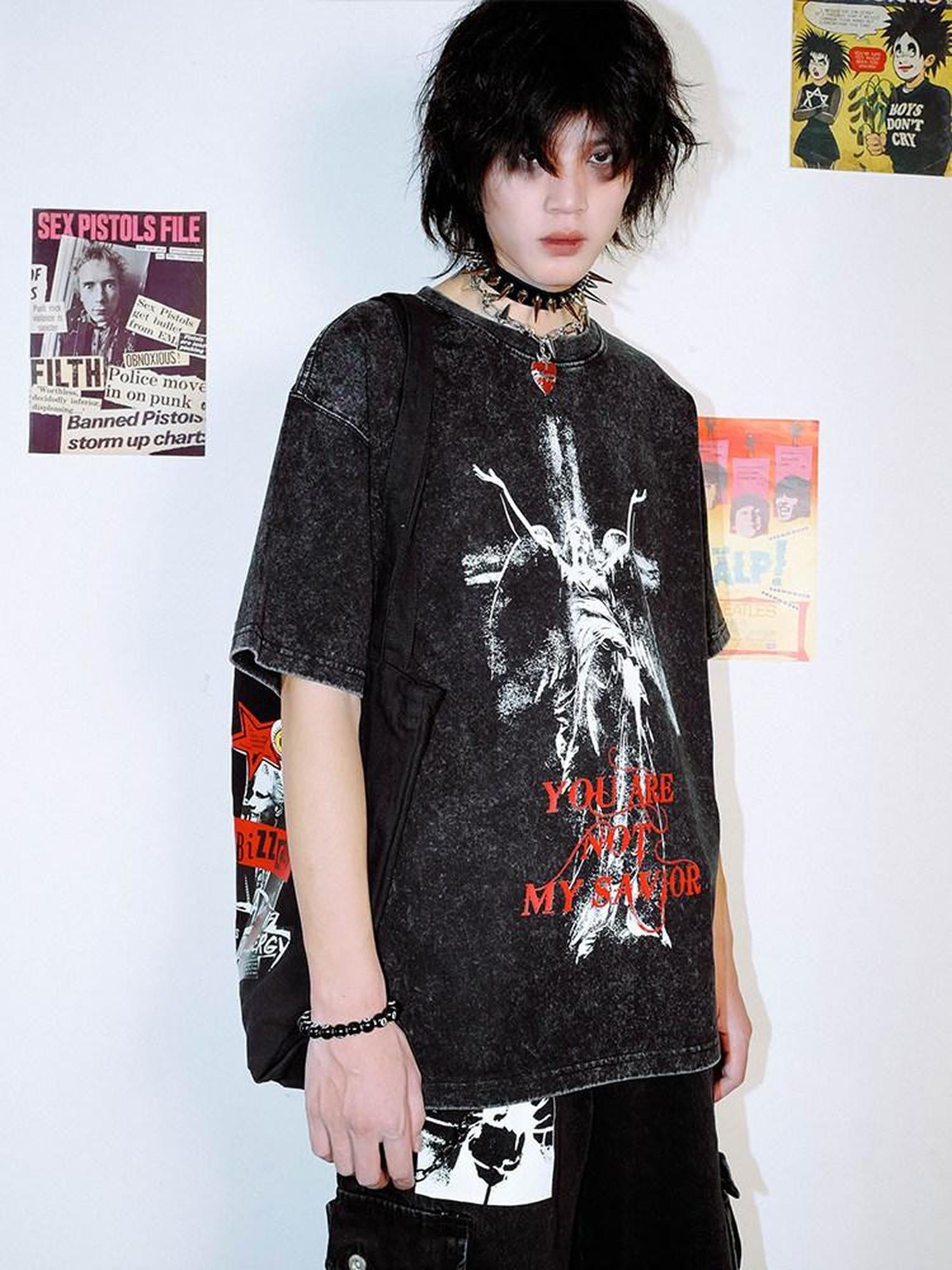 RebelSeed Washed Black Distressed Abstract Print Women's Cotton Short Sleeve T-shirts