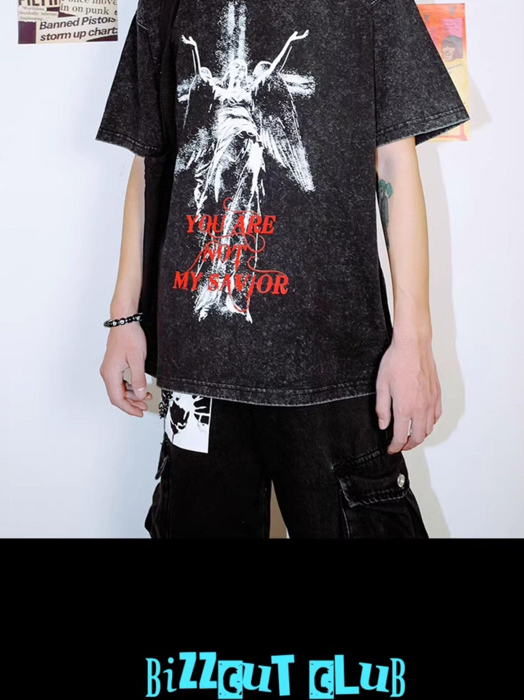 RebelSeed Washed Black Distressed Abstract Print Women's Cotton Short Sleeve T-shirts
