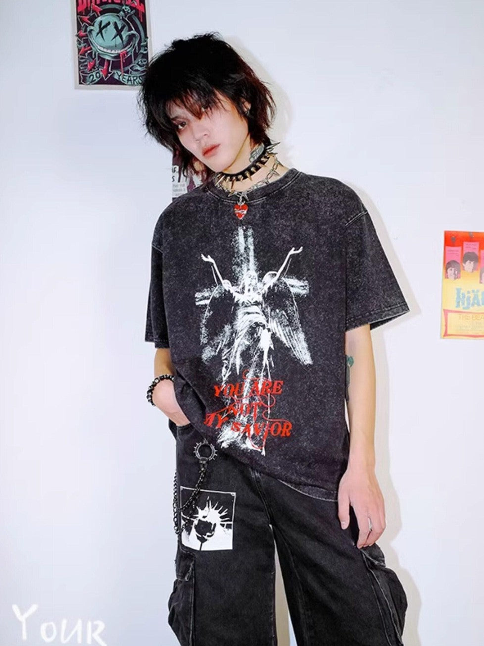 RebelSeed Washed Black Distressed Abstract Print Women's Cotton Short Sleeve T-shirts
