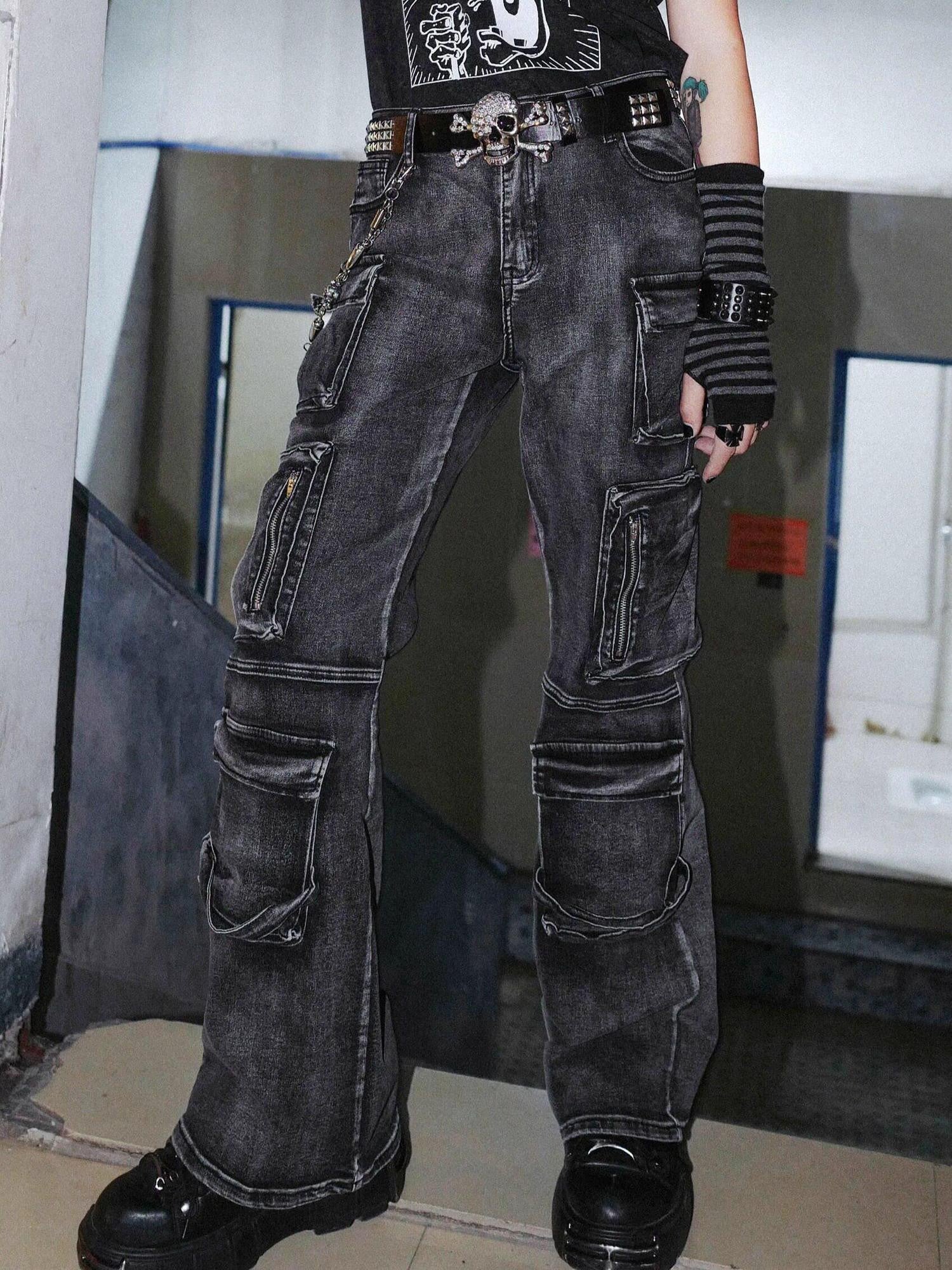 RebelSeed Washed Black Embroidered Multi Pocket Women's Denim Straight-leg Jeans