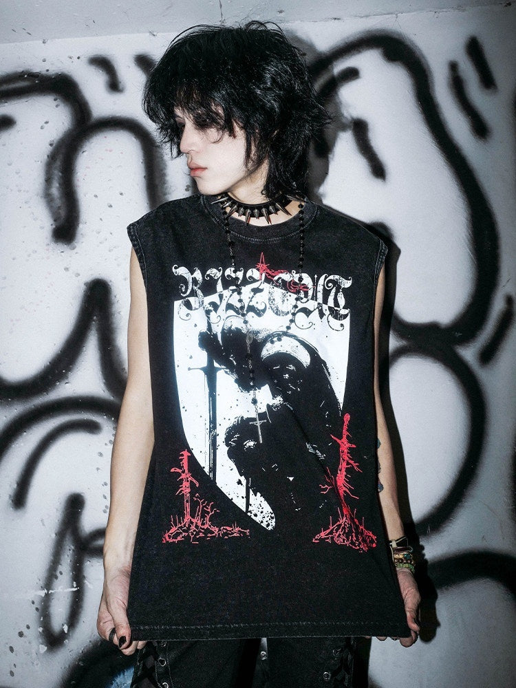 RebelSeed_Washed_Black_Gothic_Knight_Print_H_Silhouette_Women's_Cotton_Tank_Tops_1039264706688_MISSTT