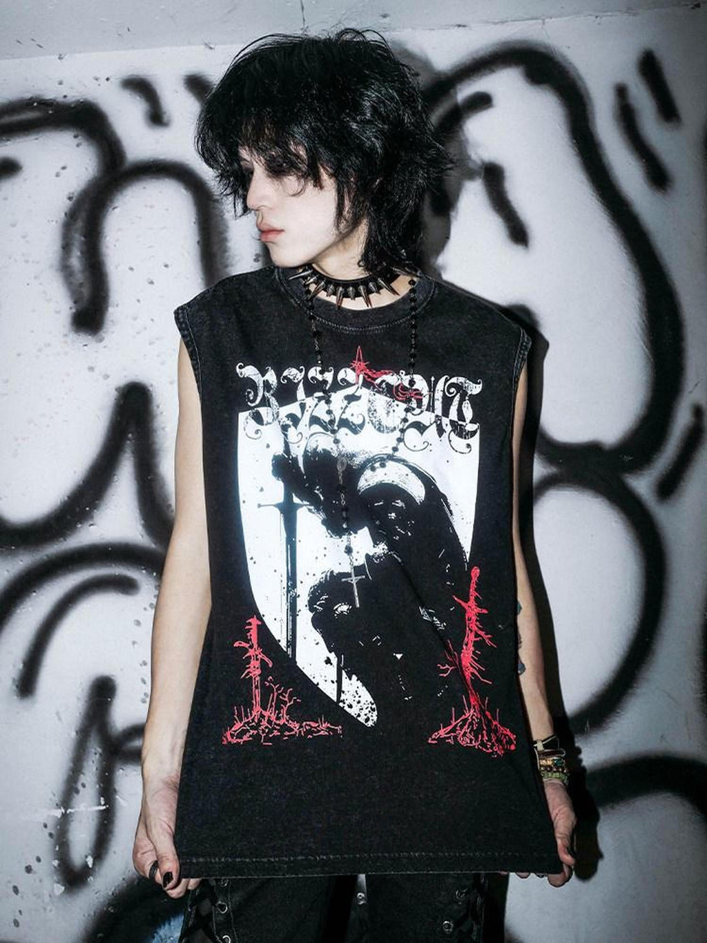 RebelSeed Washed Black Gothic Knight Print H Silhouette Women's Cotton Tank Tops