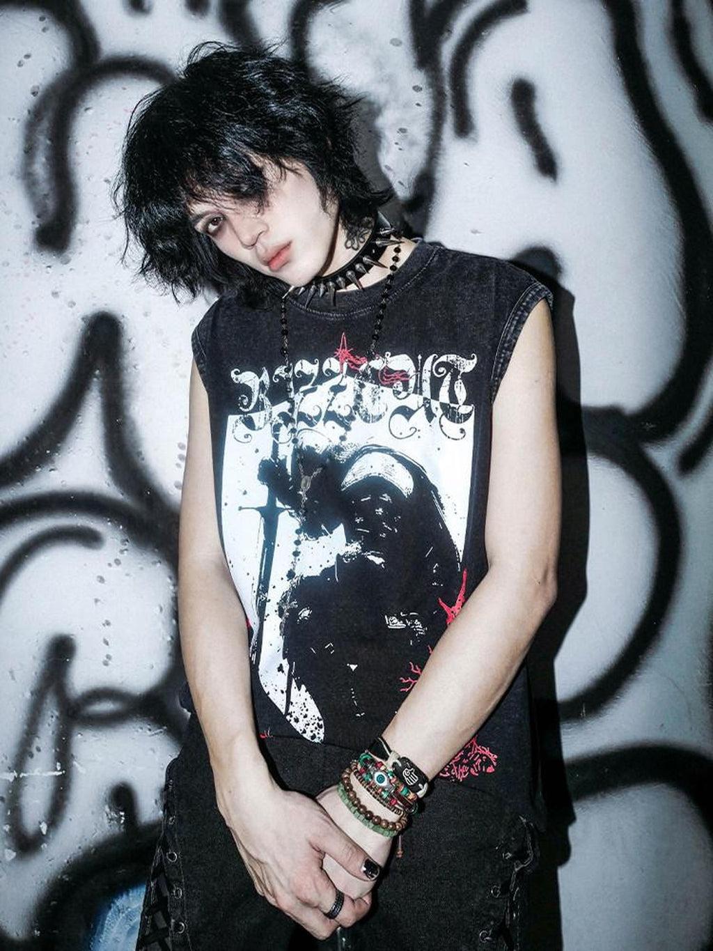 RebelSeed Washed Black Gothic Knight Print H Silhouette Women's Cotton Tank Tops
