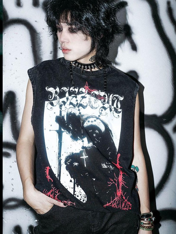 RebelSeed Washed Black Gothic Knight Print H Silhouette Women's Cotton Tank Tops