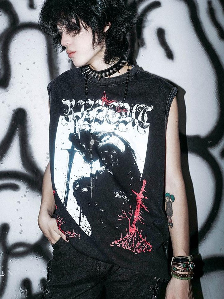 RebelSeed Washed Black Gothic Knight Print H Silhouette Women's Cotton Tank Tops