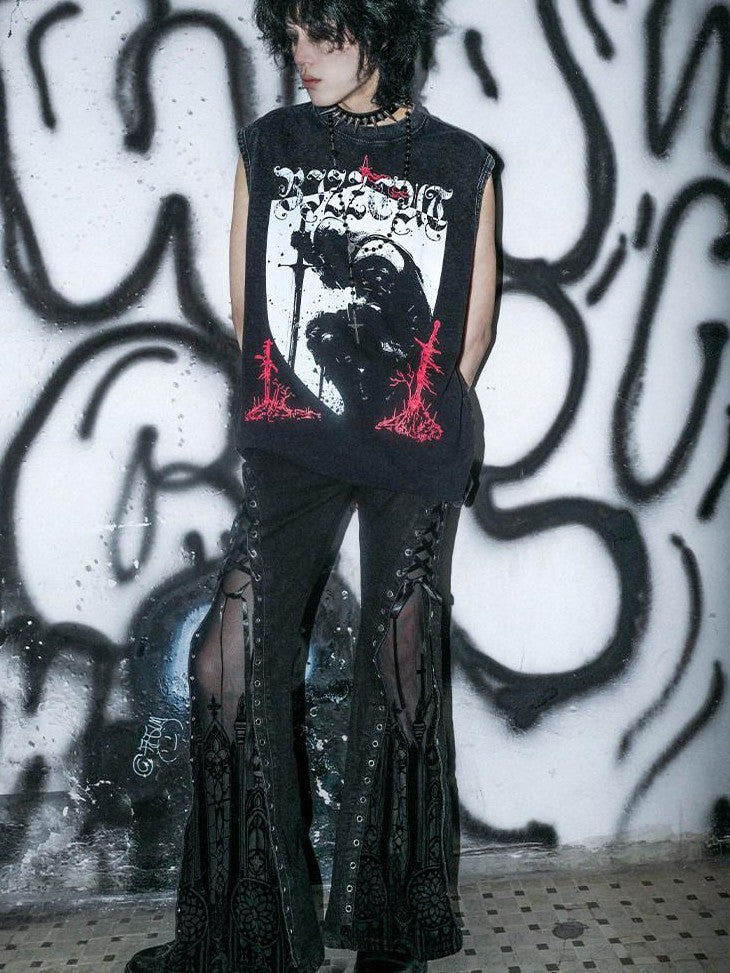 RebelSeed Washed Black Gothic Knight Print H Silhouette Women's Cotton Tank Tops