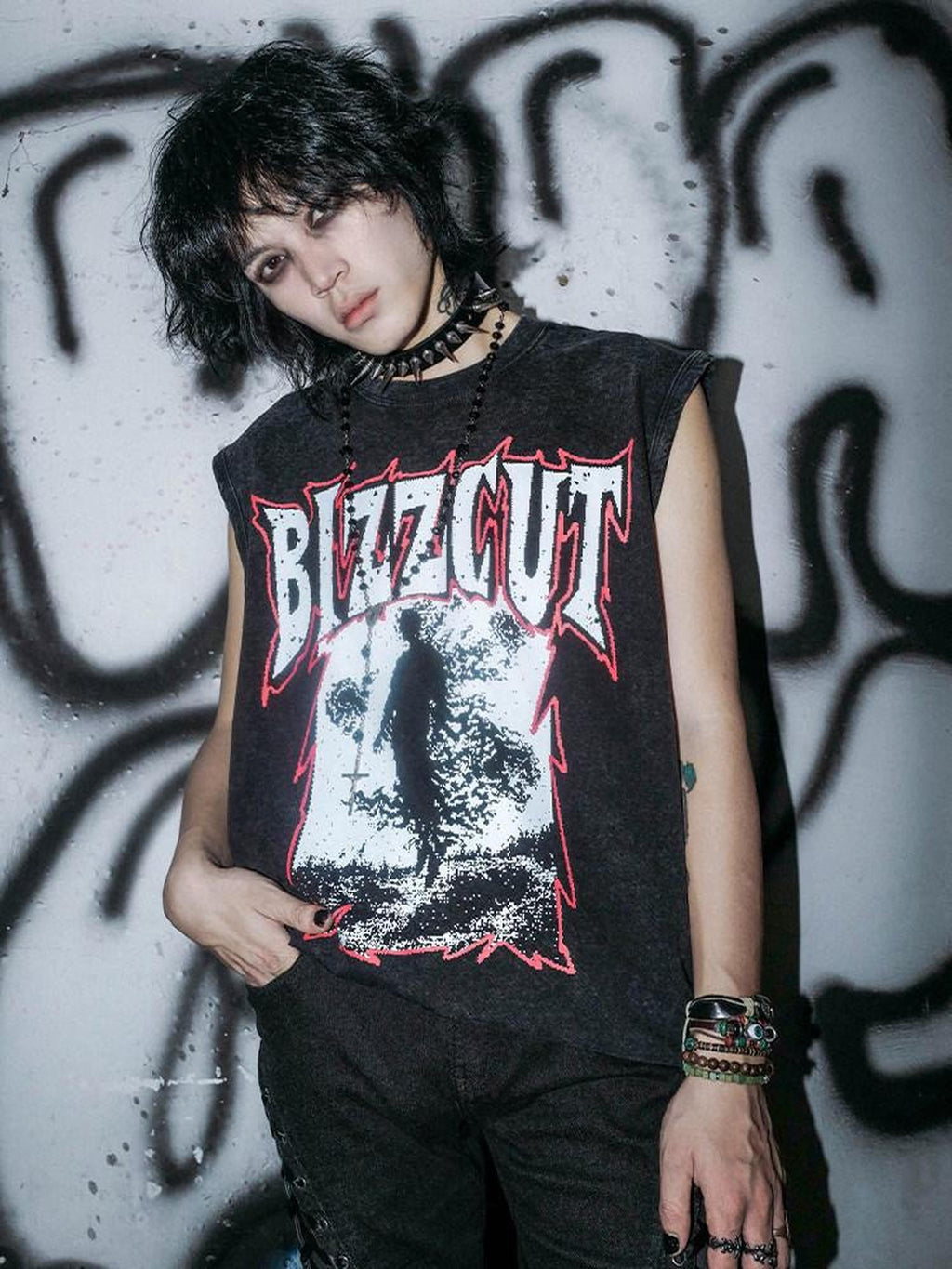 RebelSeed Washed Black Gothic Letter Print H Shaped Loose Women's Cotton Tank Tops