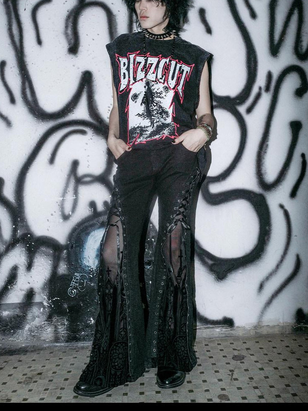 RebelSeed Washed Black Gothic Letter Print H Shaped Loose Women's Cotton Tank Tops