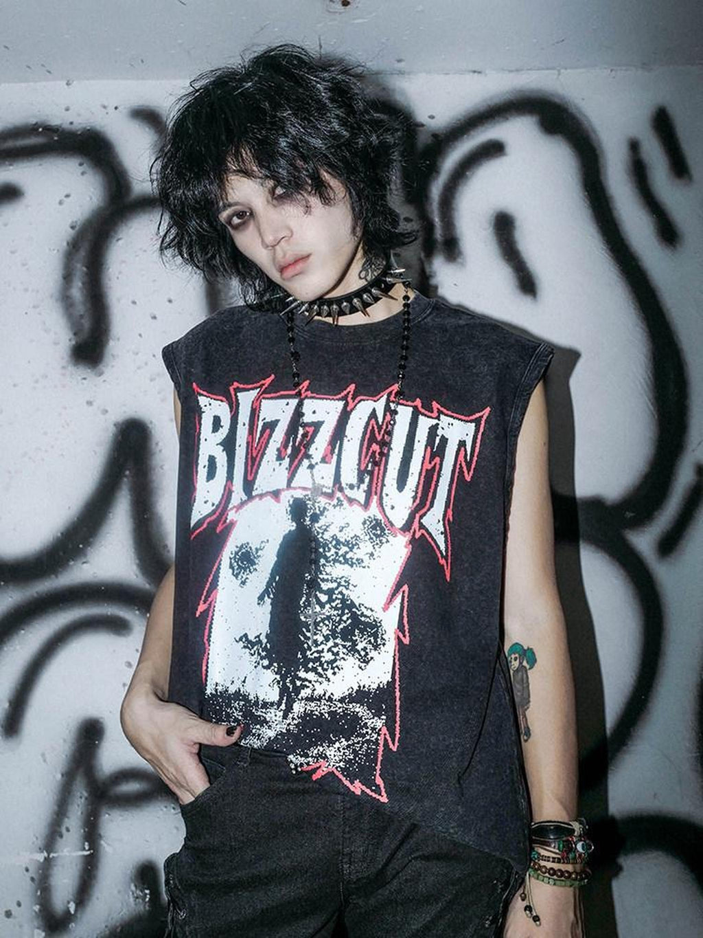 RebelSeed Washed Black Gothic Letter Print H Shaped Loose Women's Cotton Tank Tops