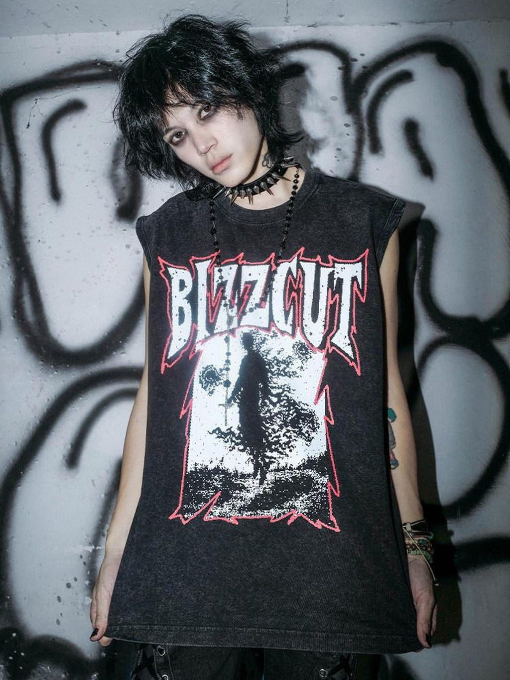 RebelSeed Washed Black Gothic Letter Print H Shaped Loose Women's Cotton Tank Tops