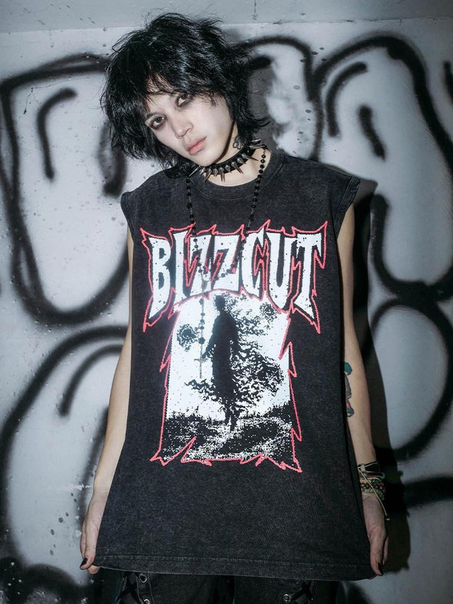 RebelSeed Washed Black Gothic Letter Print H Shaped Loose Women's Cotton Tank Tops