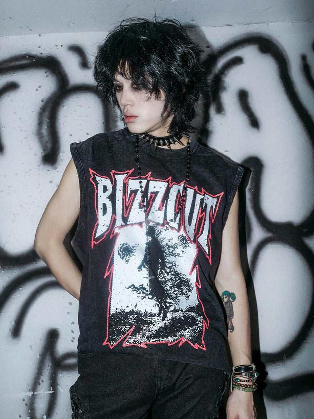RebelSeed Washed Black Gothic Letter Print H Shaped Loose Women's Cotton Tank Tops