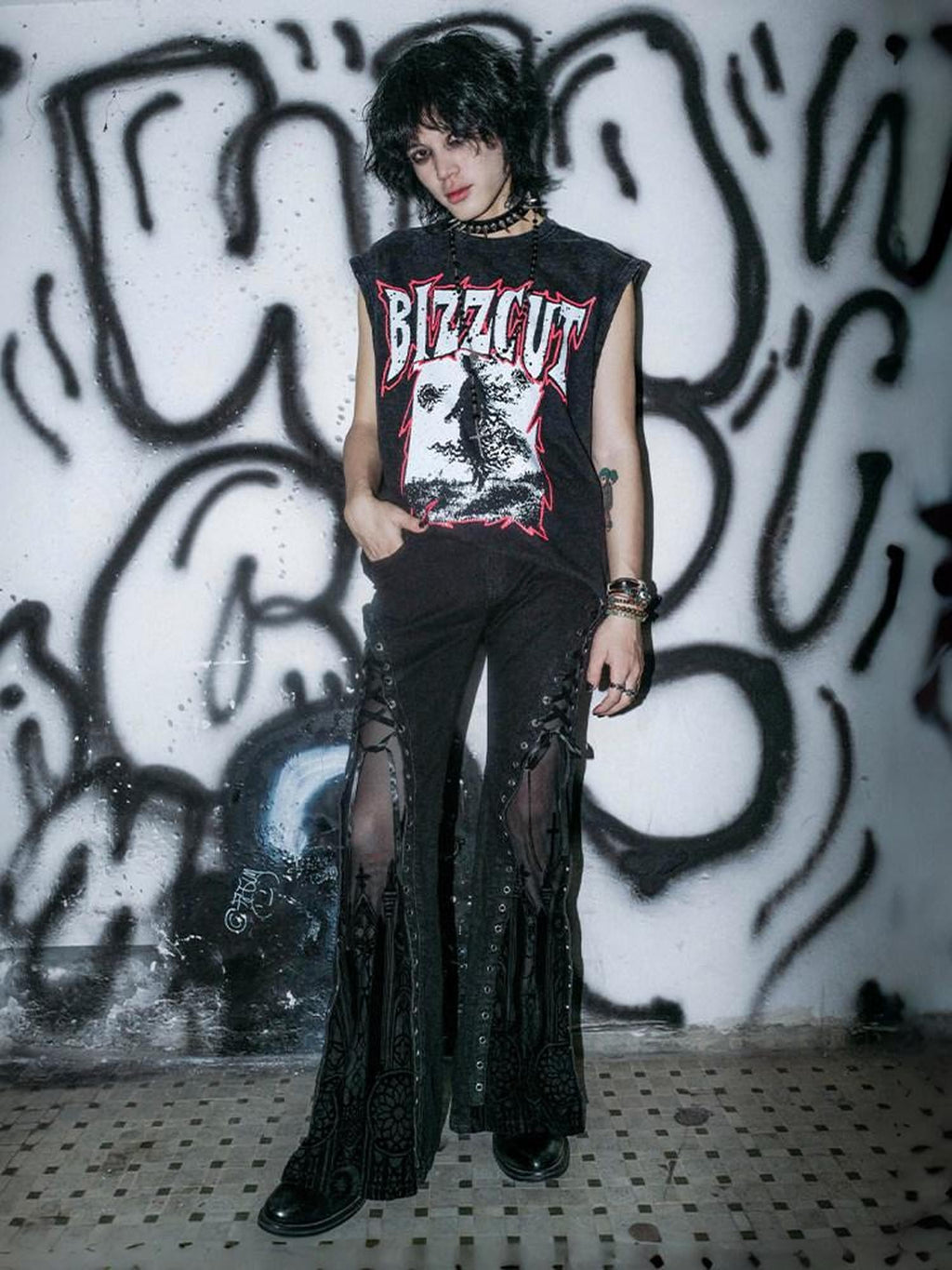 RebelSeed Washed Black Gothic Letter Print H Shaped Loose Women's Cotton Tank Tops