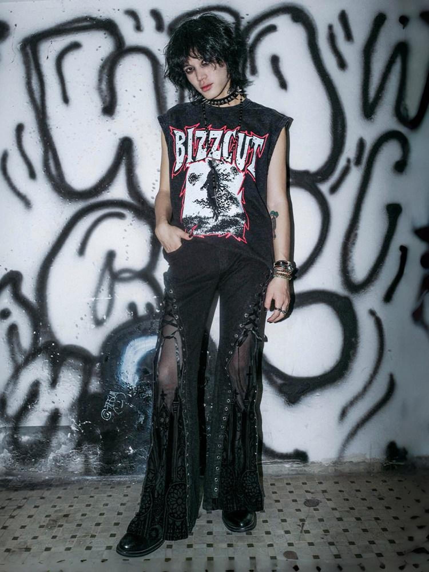 RebelSeed Washed Black Gothic Letter Print H Shaped Loose Women's Cotton Tank Tops