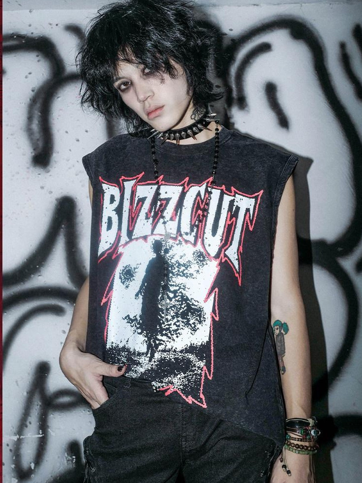RebelSeed Washed Black Gothic Letter Print H Shaped Loose Women's Cotton Tank Tops