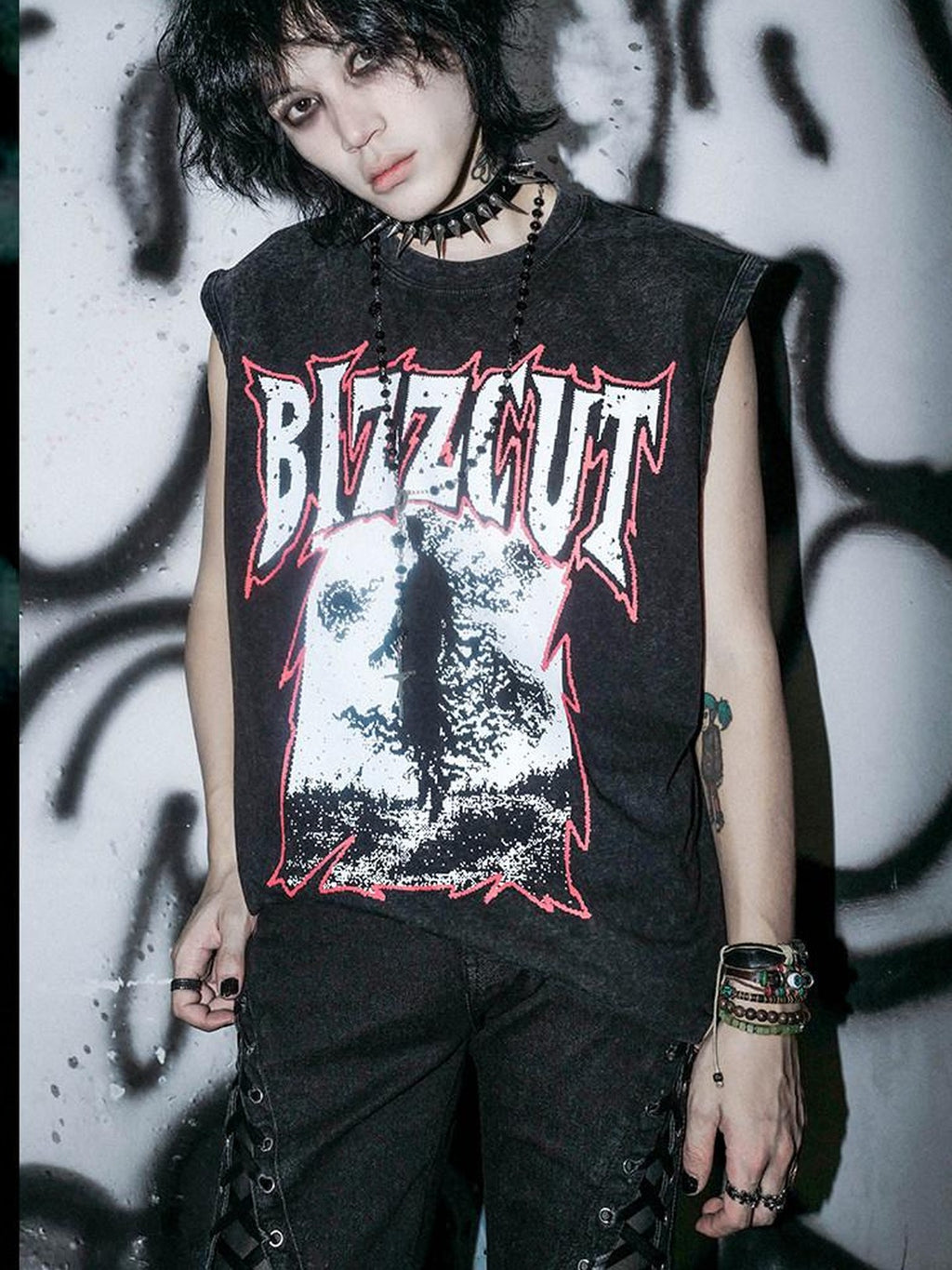 RebelSeed Washed Black Gothic Letter Print H Shaped Loose Women's Cotton Tank Tops