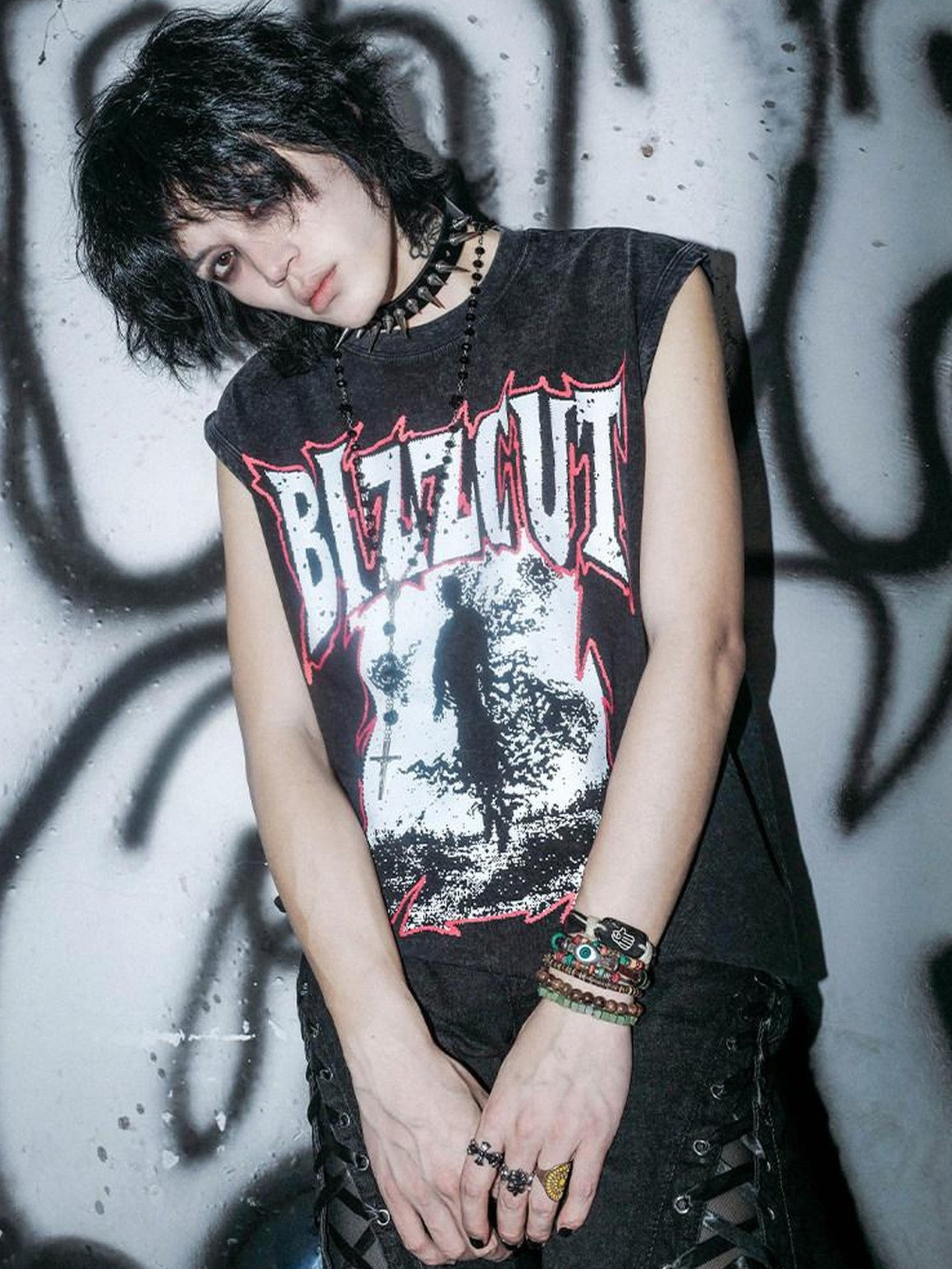 RebelSeed Washed Black Gothic Letter Print H Shaped Loose Women's Cotton Tank Tops