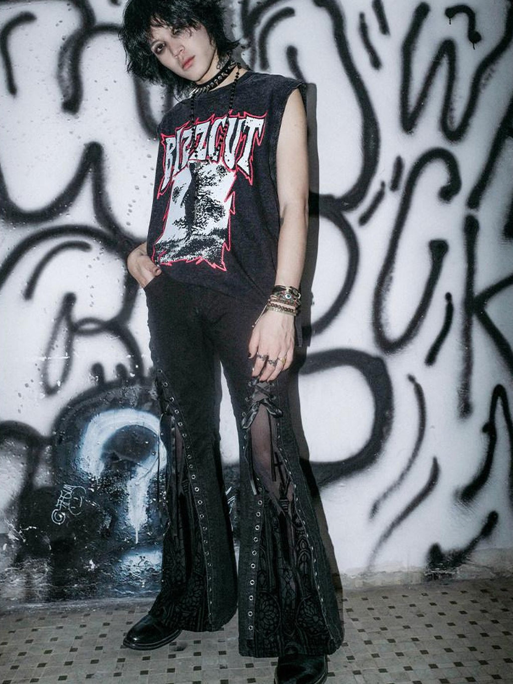 RebelSeed Washed Black Gothic Letter Print H Shaped Loose Women's Cotton Tank Tops