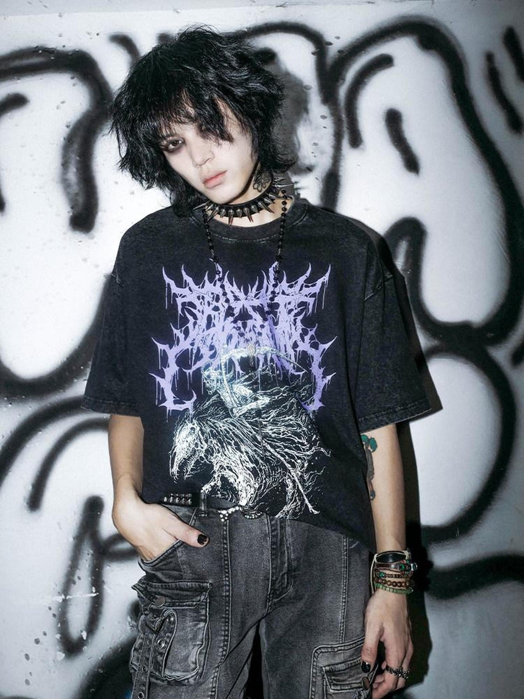 RebelSeed Washed Black Skull Print Heat Transfer Women's Cotton Short Sleeve T-shirts