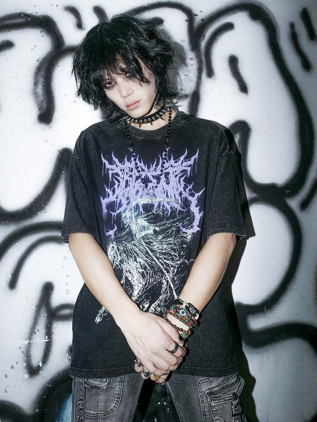 RebelSeed Washed Black Skull Print Heat Transfer Women's Cotton Short Sleeve T-shirts