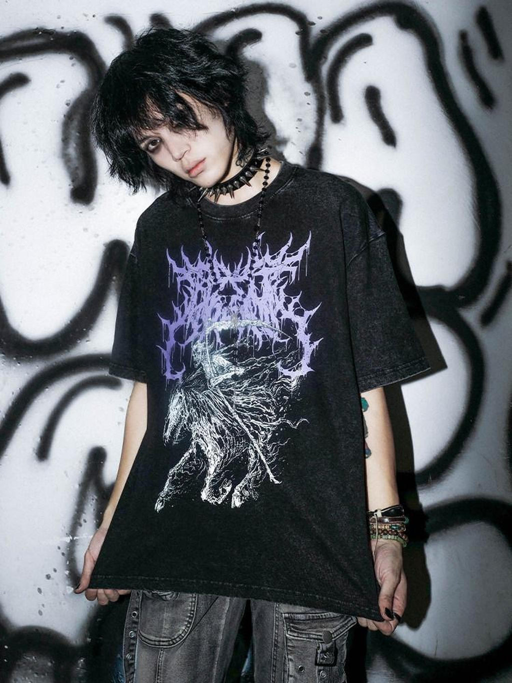 RebelSeed Washed Black Skull Print Heat Transfer Women's Cotton Short Sleeve T-shirts